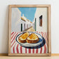 Toast – White village Urban Café Scene, British Food Illustration, no-text version framed in wood