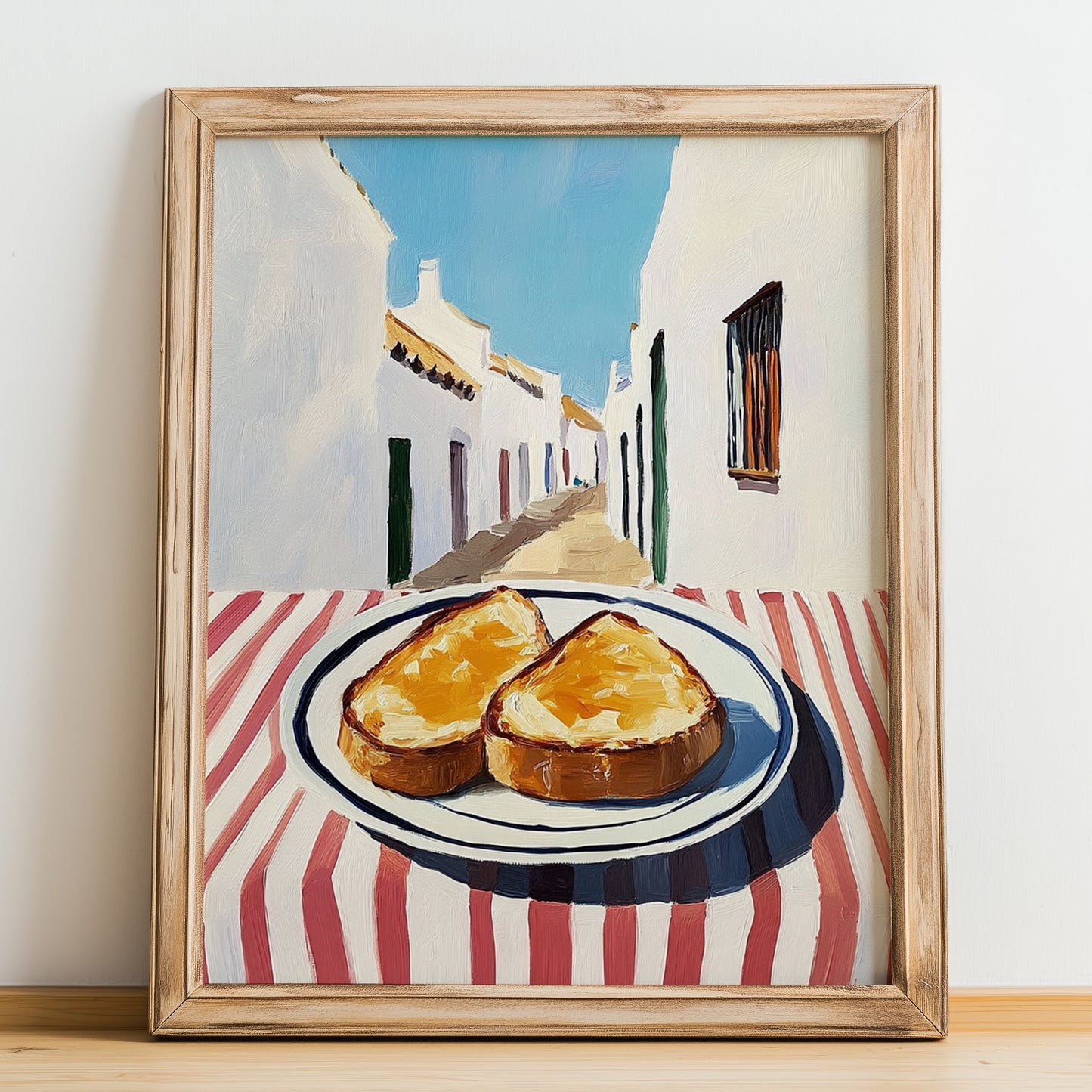 Toast – White village Urban Café Scene, British Food Illustration, no-text version framed in wood