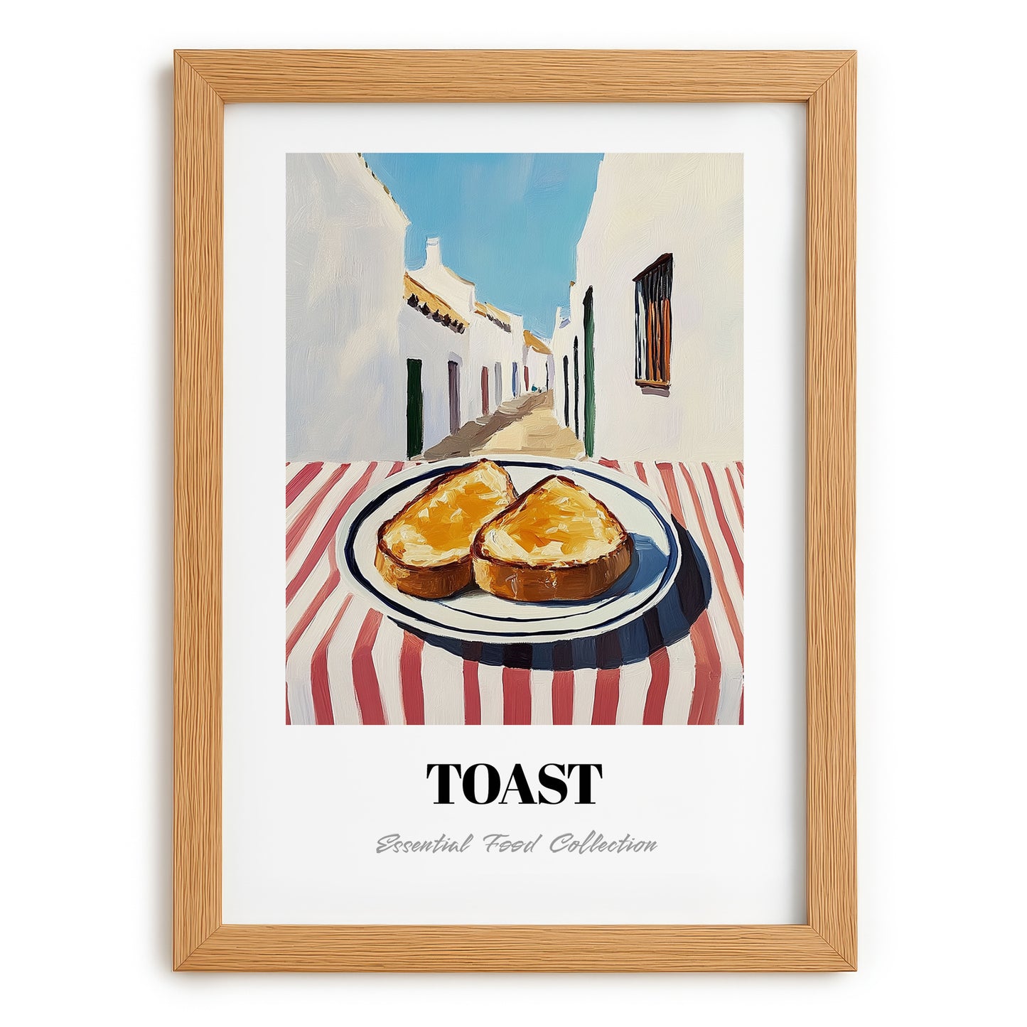 Toast – White village Urban Café Scene, British Food Illustration, set in oak frame