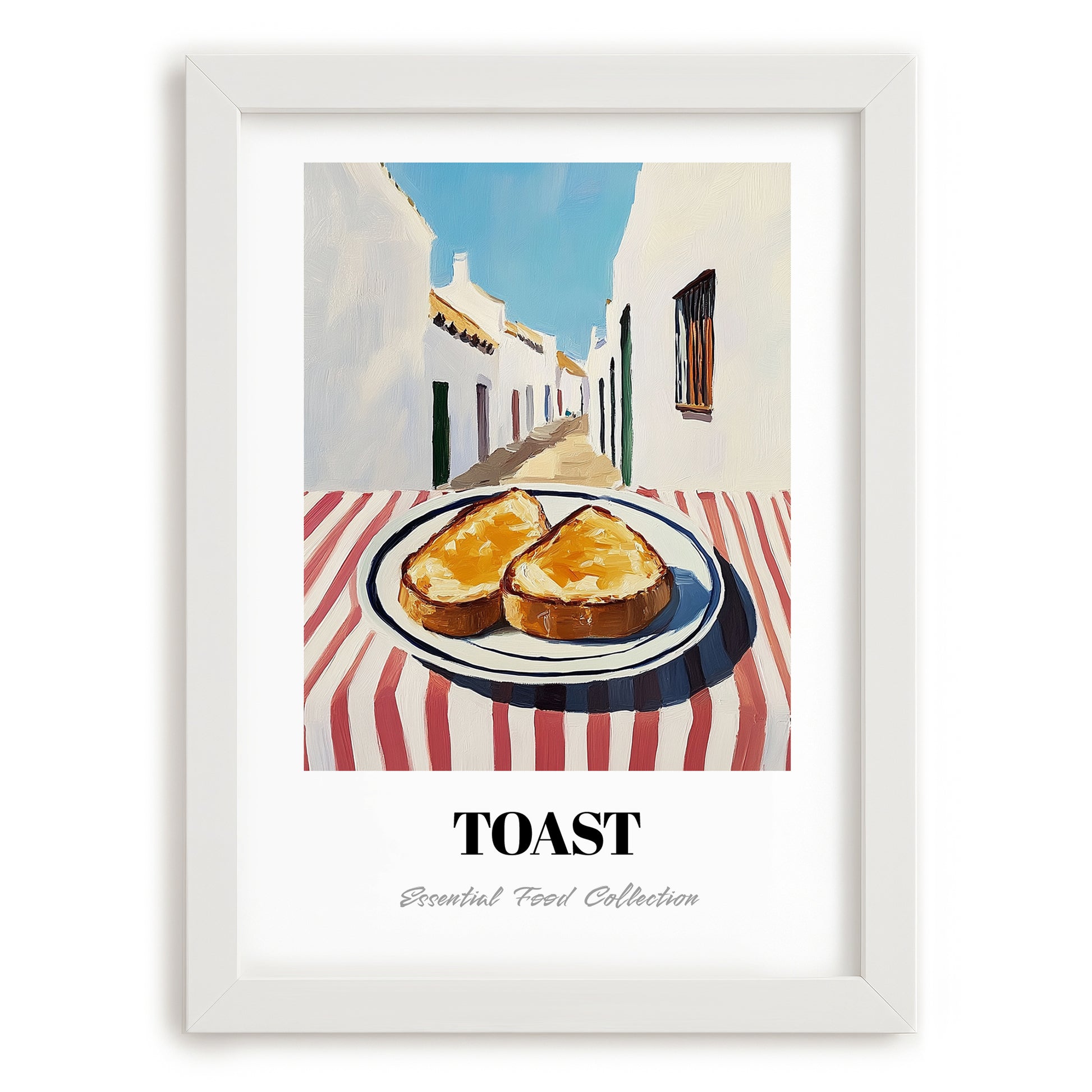 Toast – White village Urban Café Scene, British Food Illustration, placed in minimal white frame