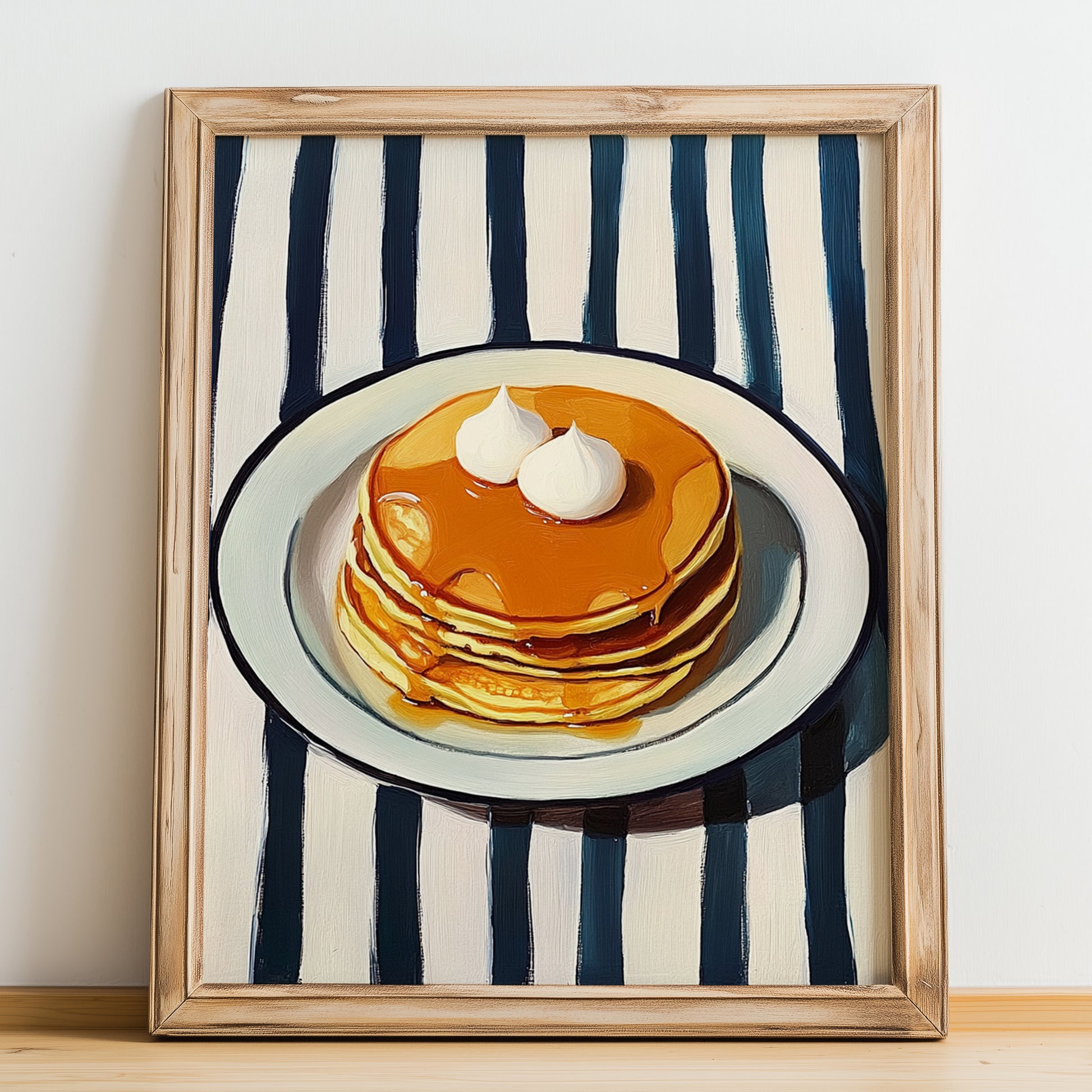 Pancakes – on Striped Tablecloth, American Pastry Wall Decor, no-text version framed in wood