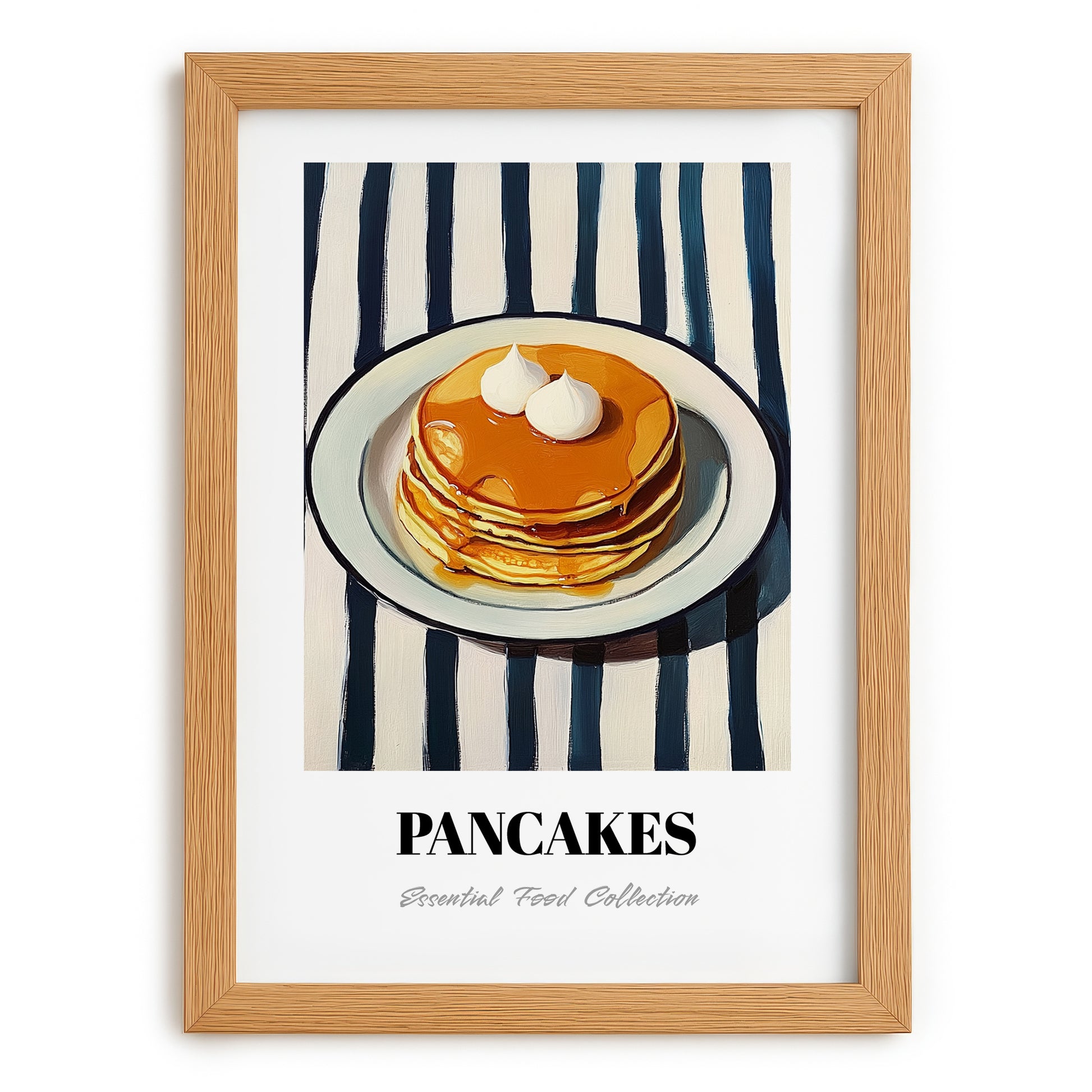 Pancakes – on Striped Tablecloth, American Pastry Wall Decor, set in oak frame