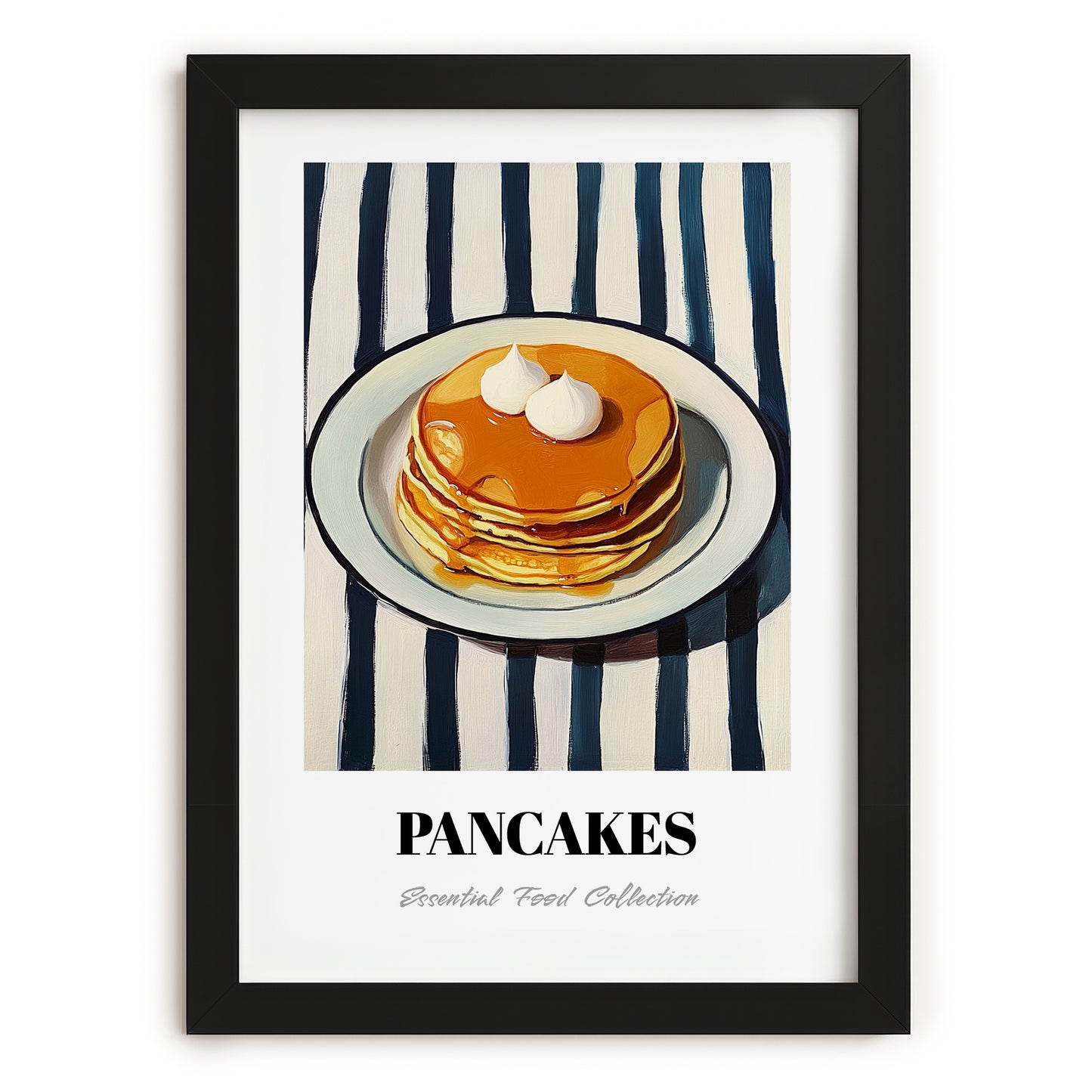 Pancakes – on Striped Tablecloth, American Pastry Wall Decor, in sleek black frame