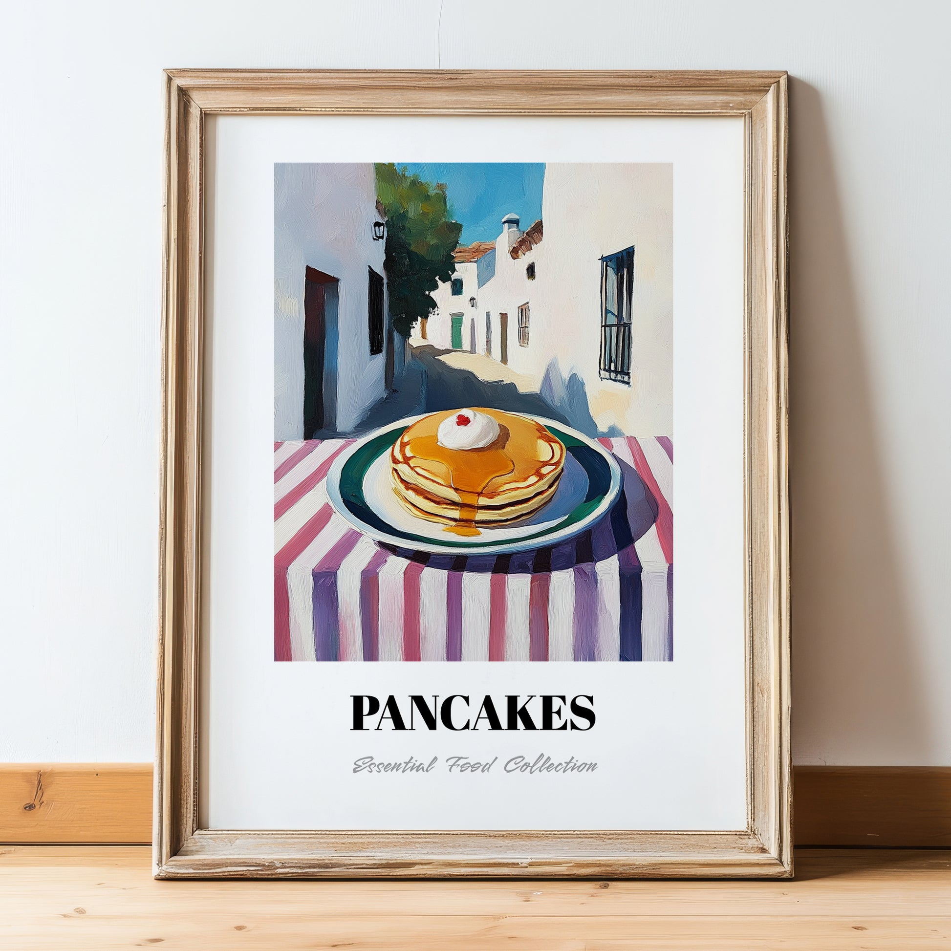 Pancakes – White village Urban Café Scene, American Pastry Illustration, in wooden frame leaning on the floor