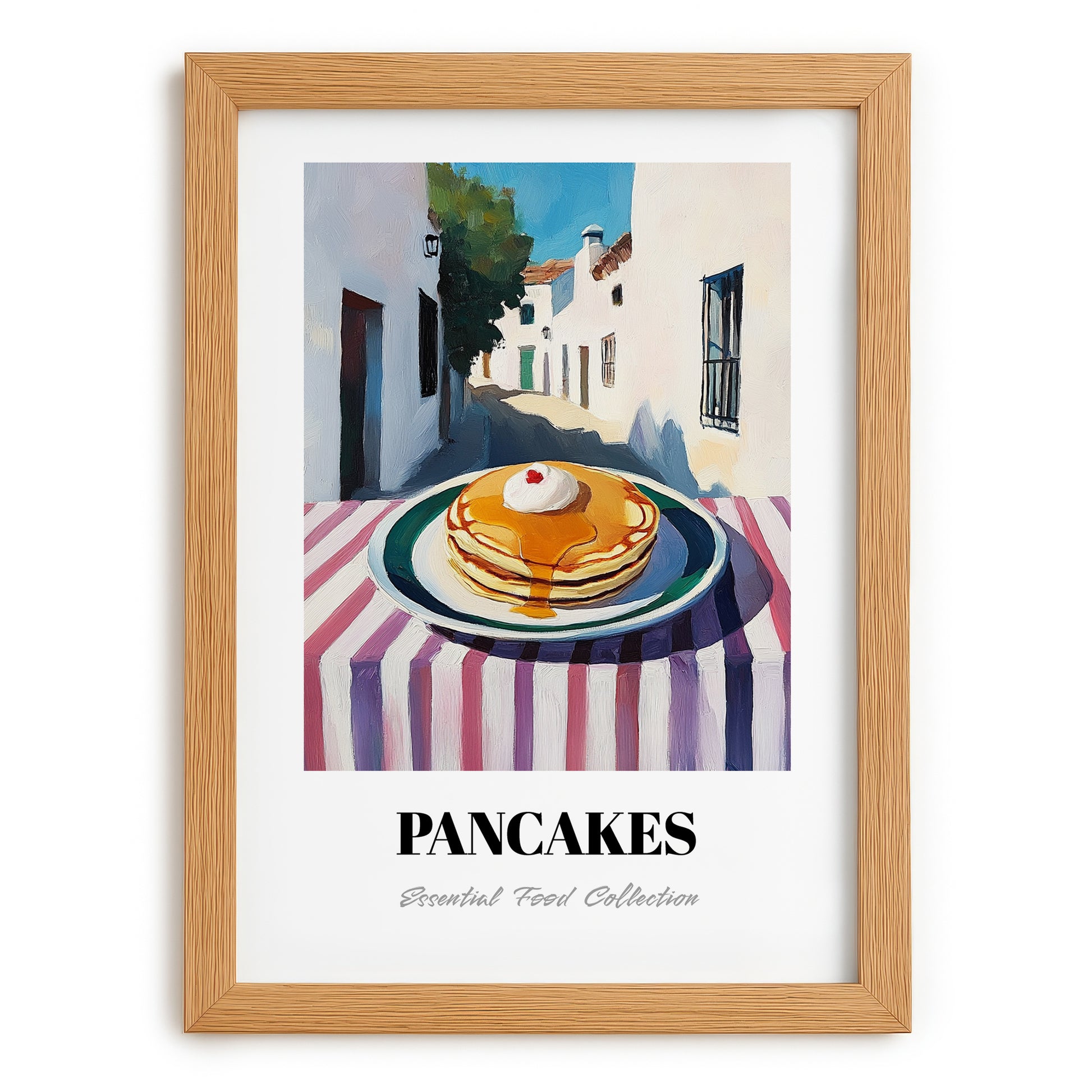Pancakes – White village Urban Café Scene, American Pastry Illustration, set in oak frame