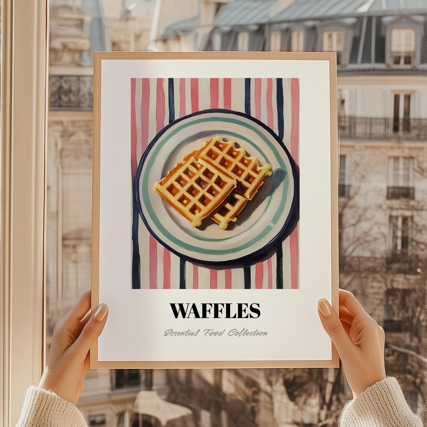 Waffles – on Striped Tablecloth, American Pastry Art, styled in a charming Paris street view