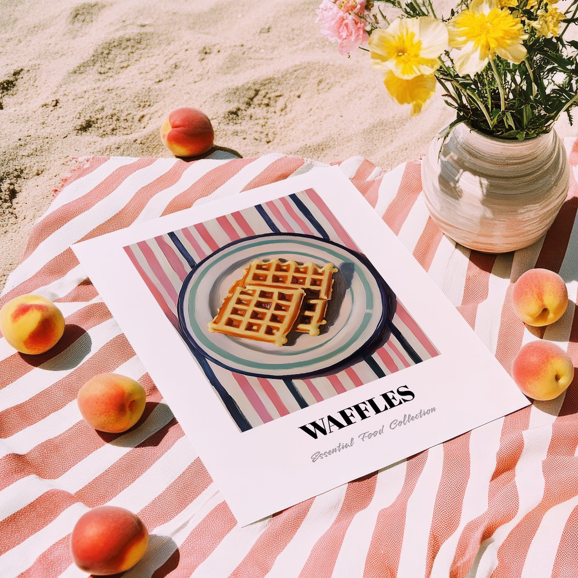 Waffles – on Striped Tablecloth, American Pastry Art, unframed on coastal sand