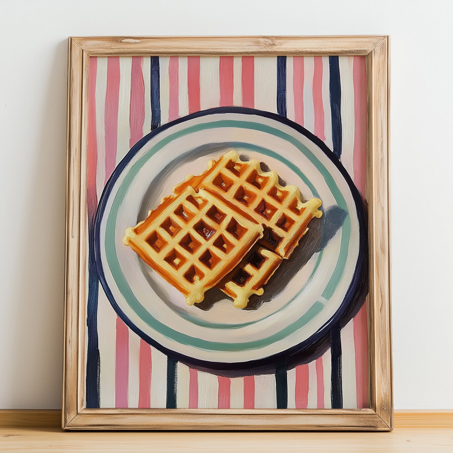 Waffles – on Striped Tablecloth, American Pastry Art, no-text version framed in wood