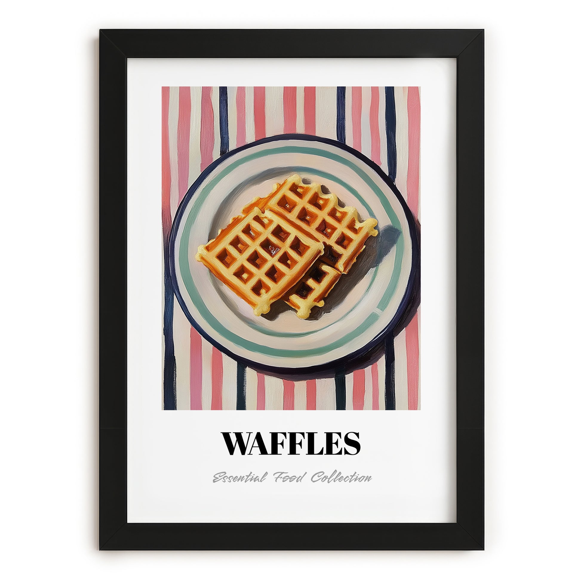 Waffles – on Striped Tablecloth, American Pastry Art, in sleek black frame