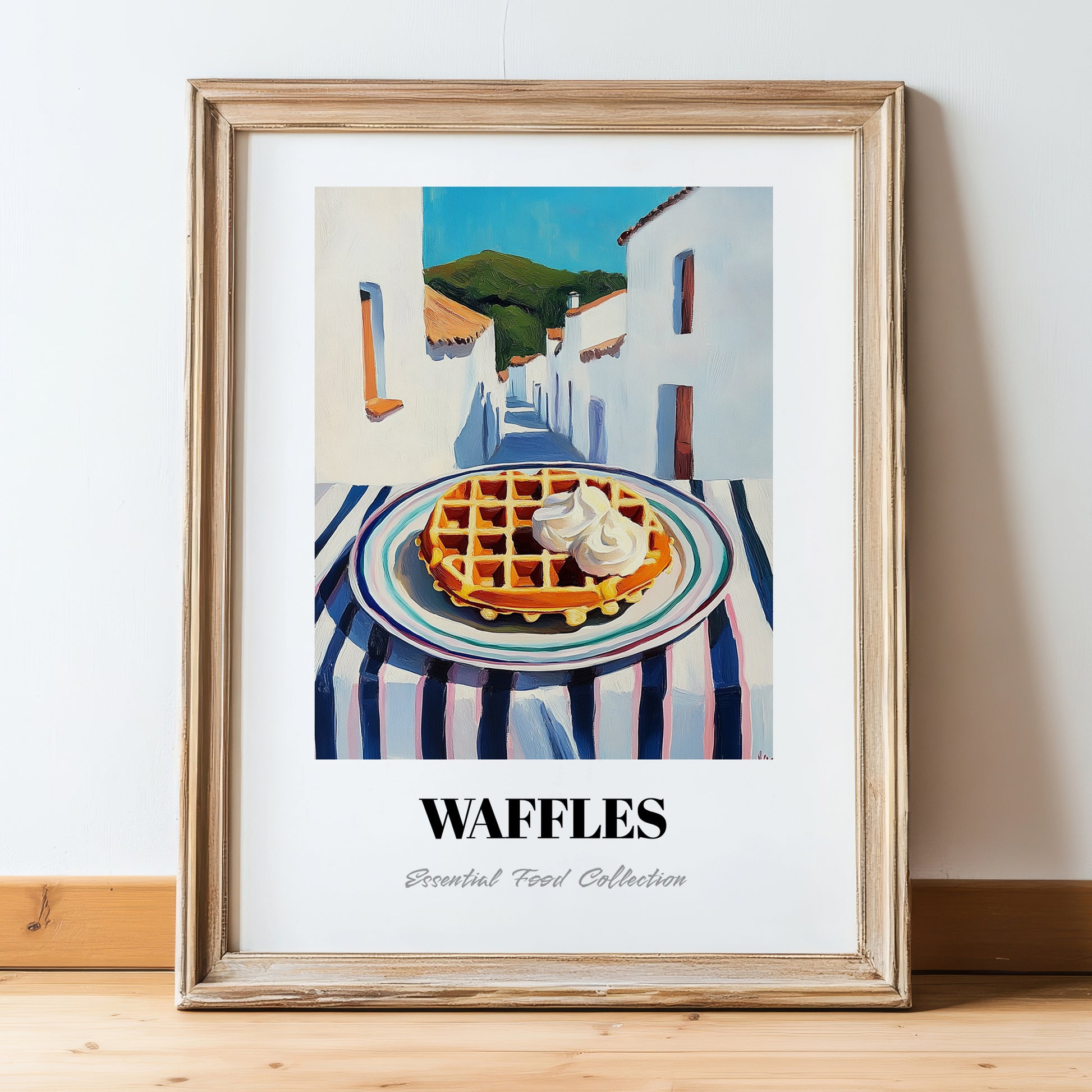 Waffles – White village Urban Café Scene, American Pastry Still Life, in wooden frame leaning on the floor