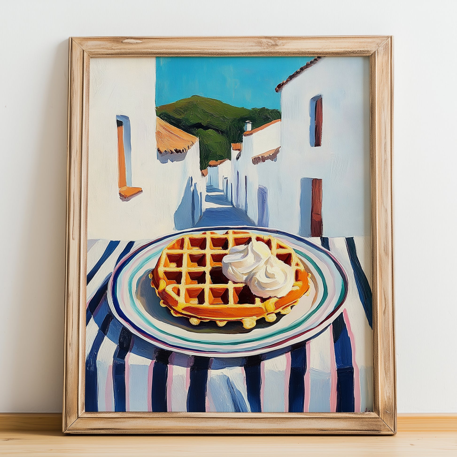 Waffles – White village Urban Café Scene, American Pastry Still Life, no-text version framed in wood