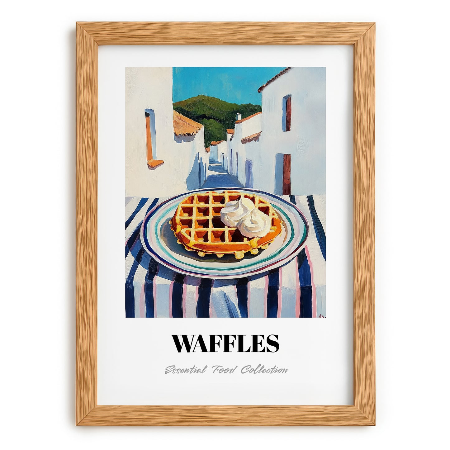 Waffles – White village Urban Café Scene, American Pastry Still Life, set in oak frame