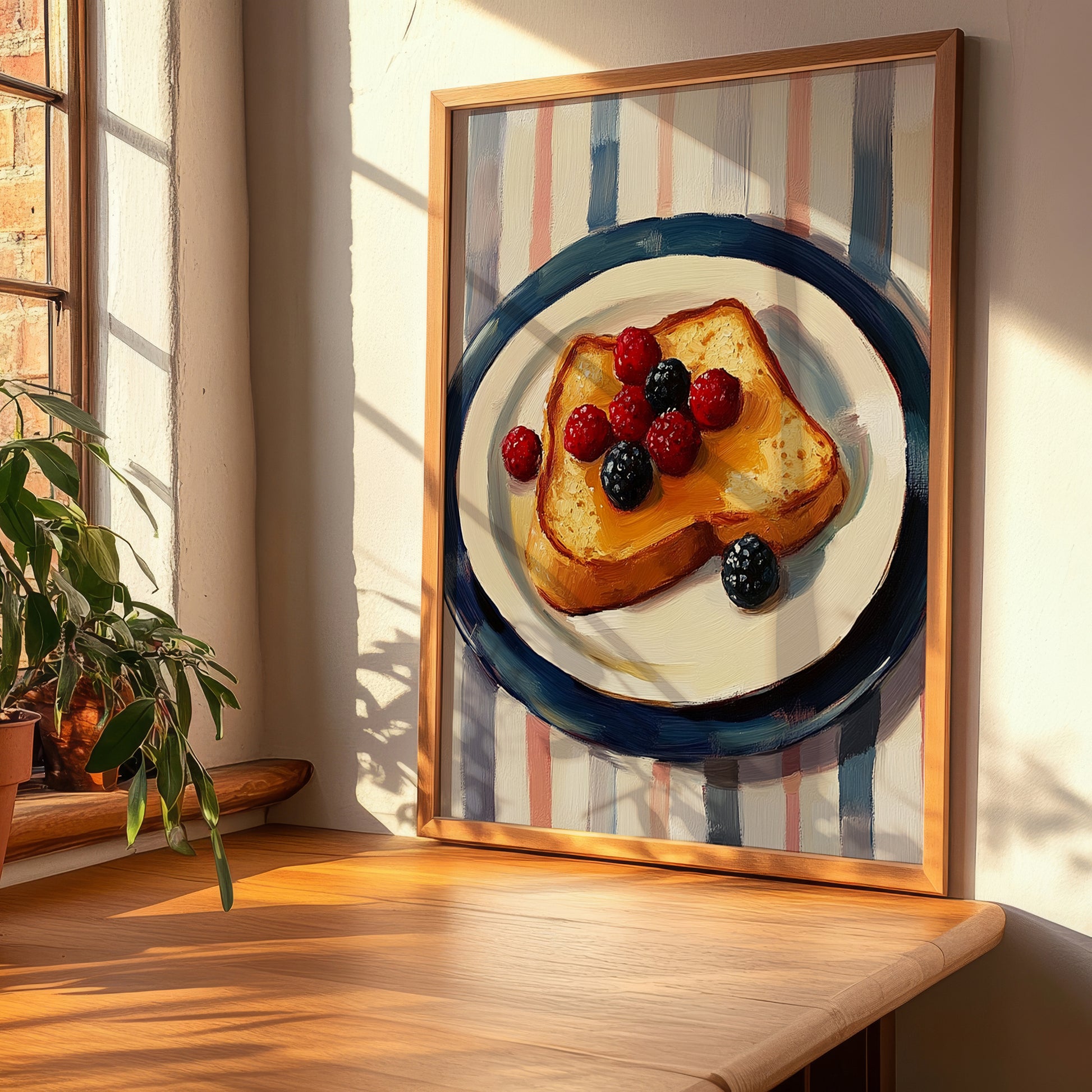 French Toast – on Striped Tablecloth, French Food Painting, clean layout with no caption