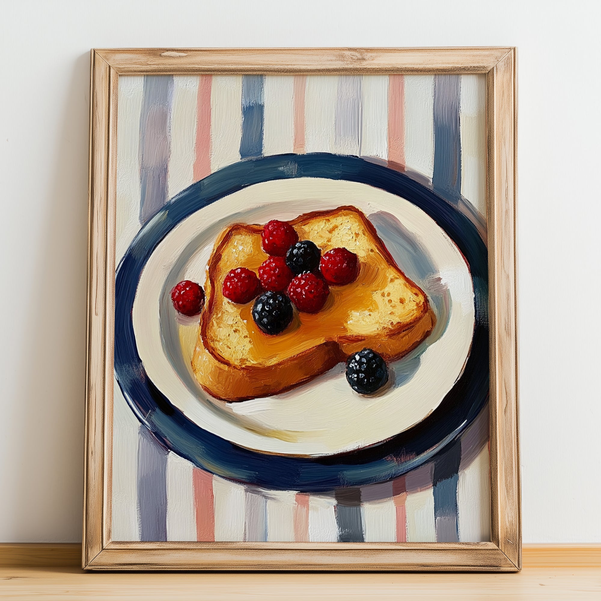French Toast – on Striped Tablecloth, French Food Painting, no-text version framed in wood