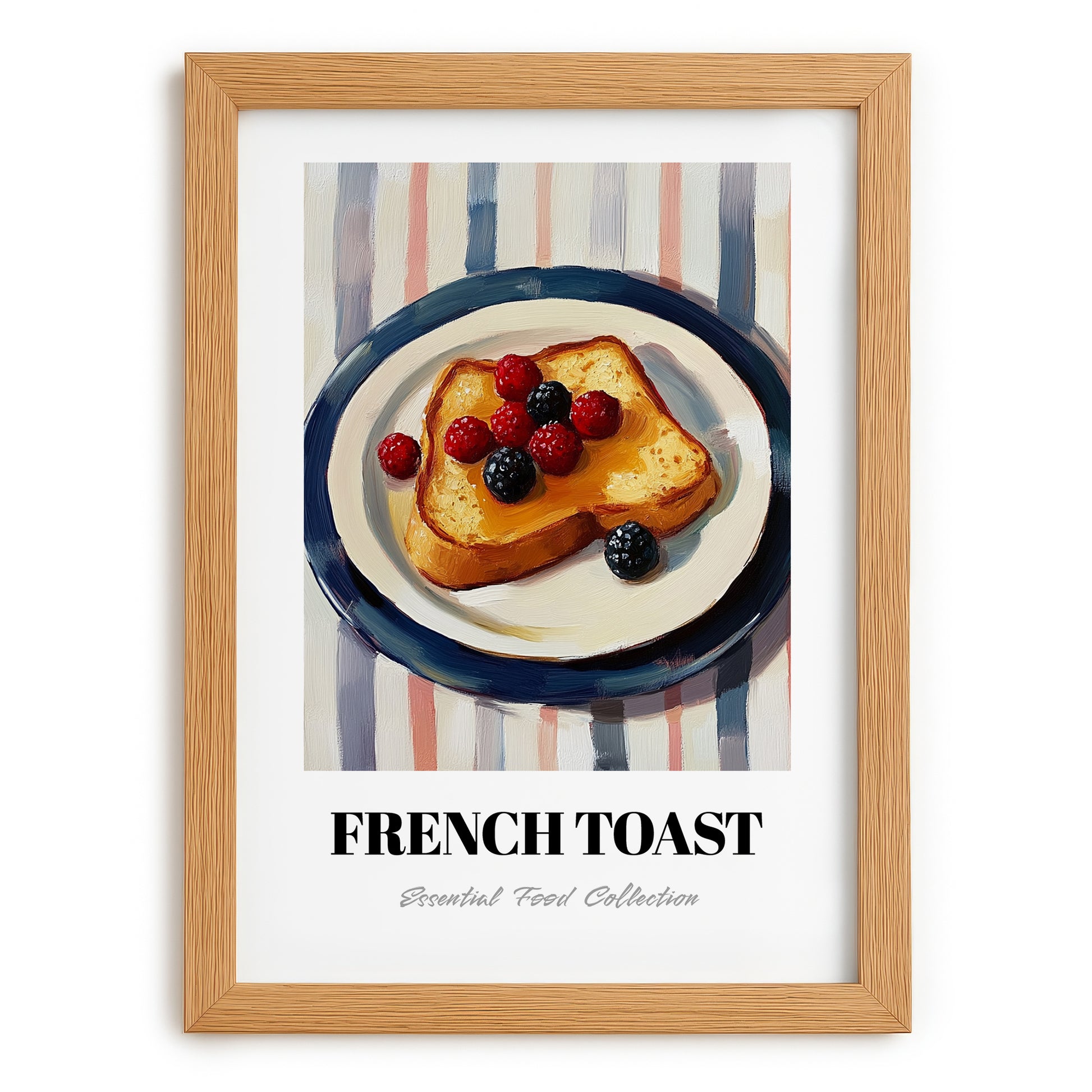 French Toast – on Striped Tablecloth, French Food Painting, set in oak frame