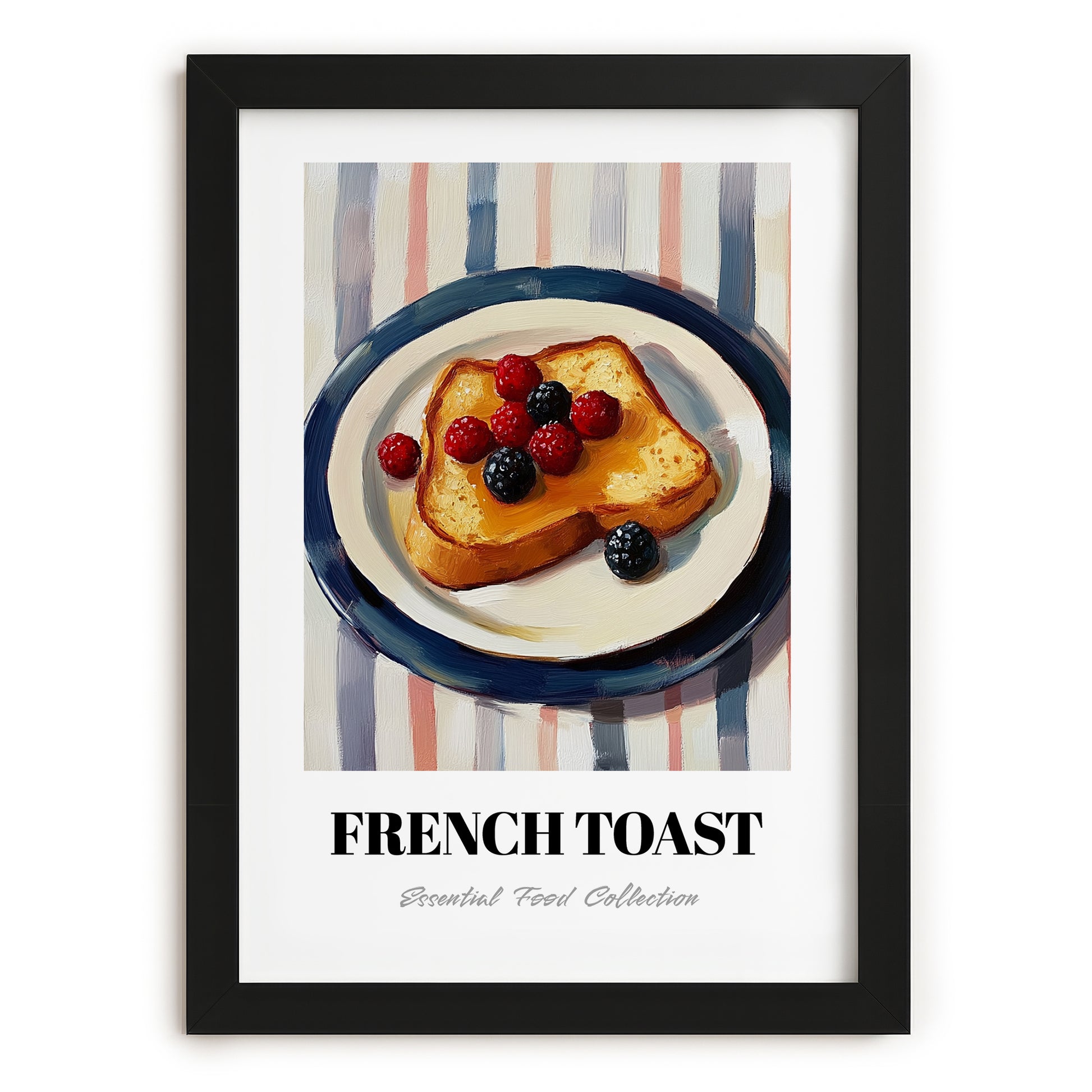 French Toast – on Striped Tablecloth, French Food Painting, in sleek black frame