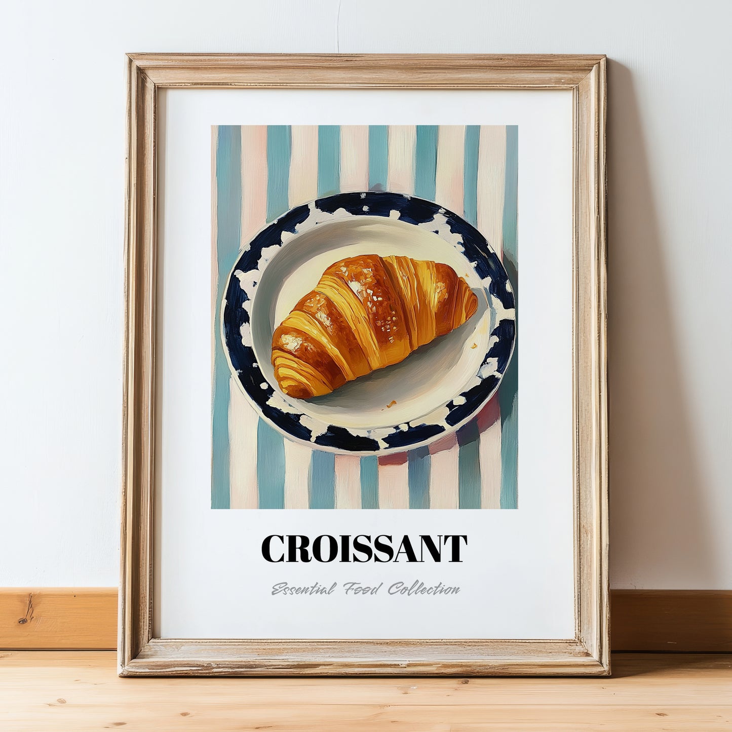 Croissant – on Striped Tablecloth, French French Pastry Art, in wooden frame leaning on the floor