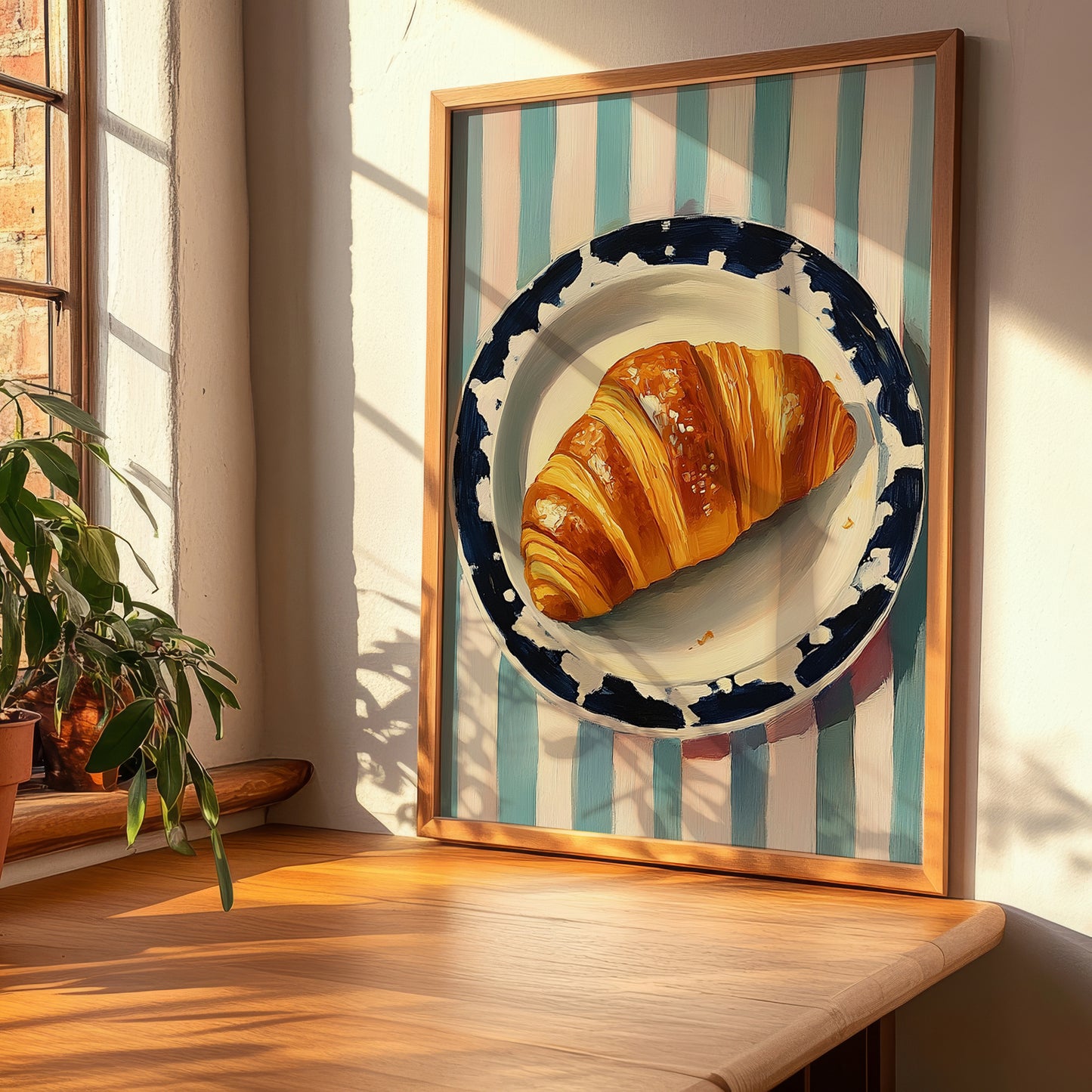 Croissant – on Striped Tablecloth, French French Pastry Art, clean layout with no caption