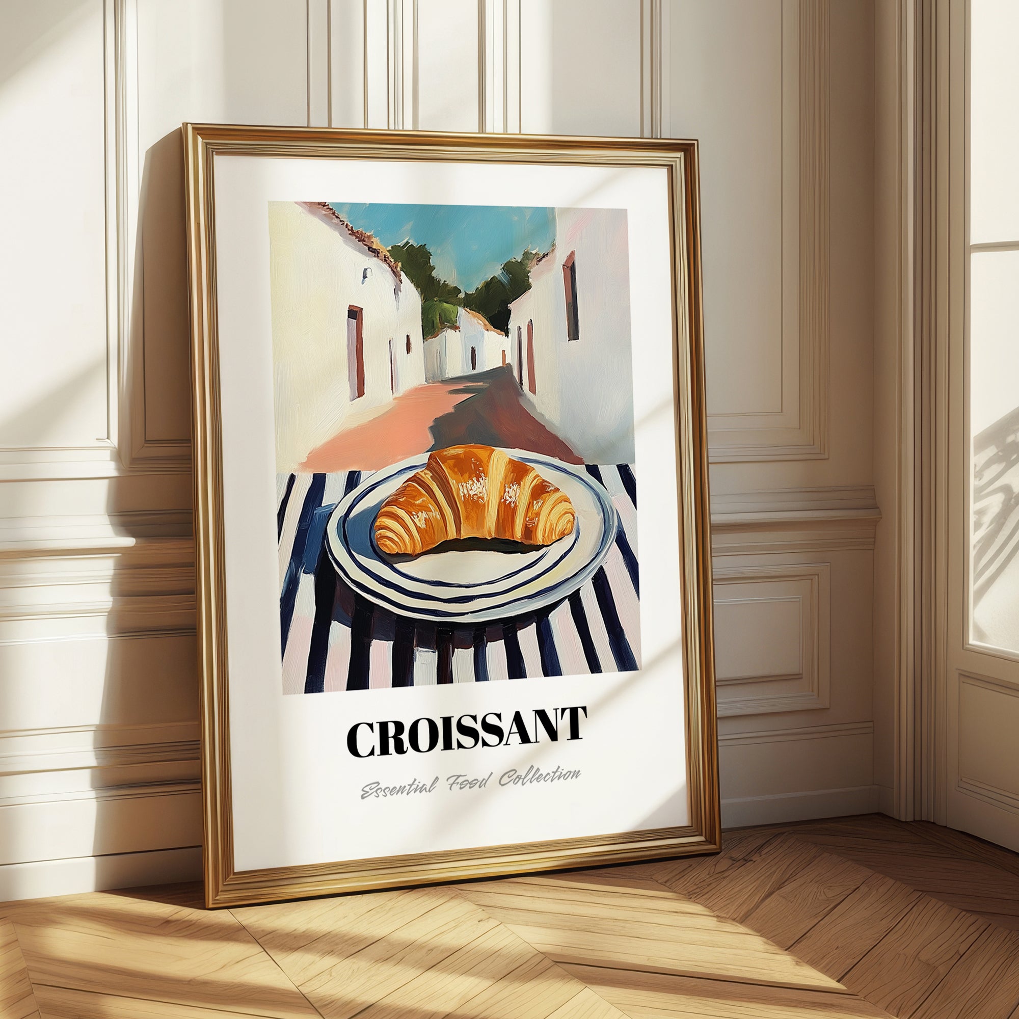 Croissant – White village Street Café Scene, French French Pastry Wall Painting 