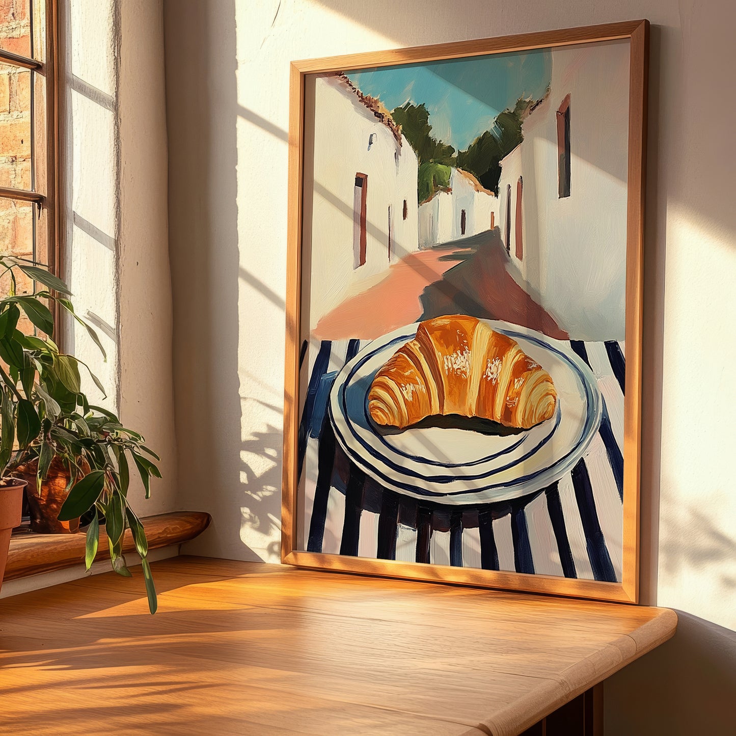 Croissant – White village Street Café Scene, French French Pastry Wall Painting, clean layout with no caption