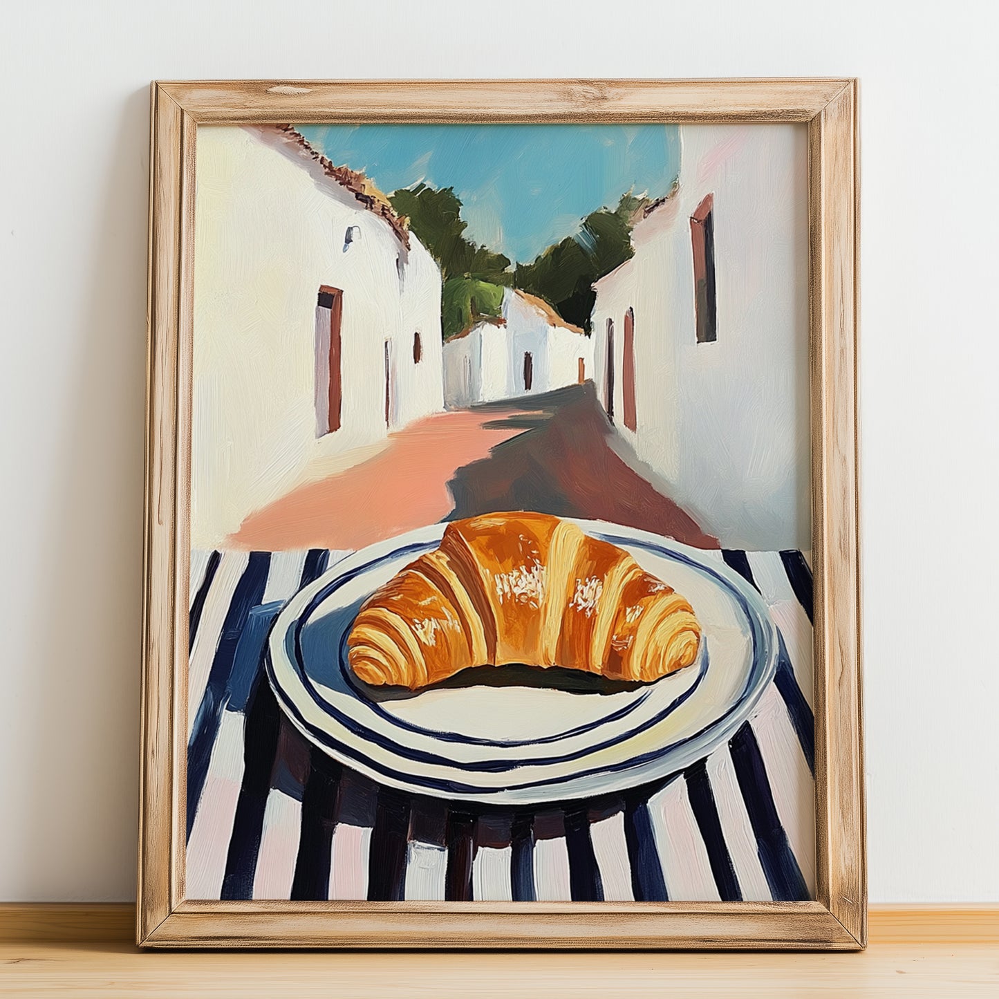 Croissant – White village Street Café Scene, French French Pastry Wall Painting, no-text version framed in wood