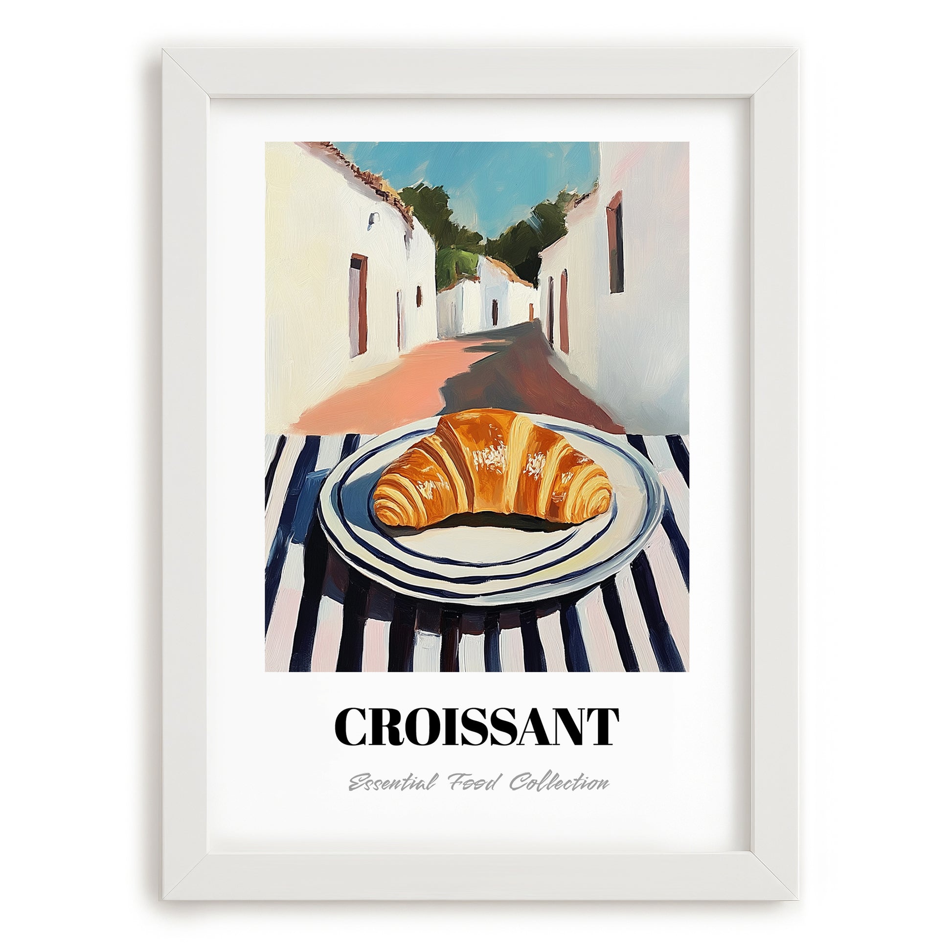 Croissant – White village Street Café Scene, French French Pastry Wall Painting, placed in minimal white frame