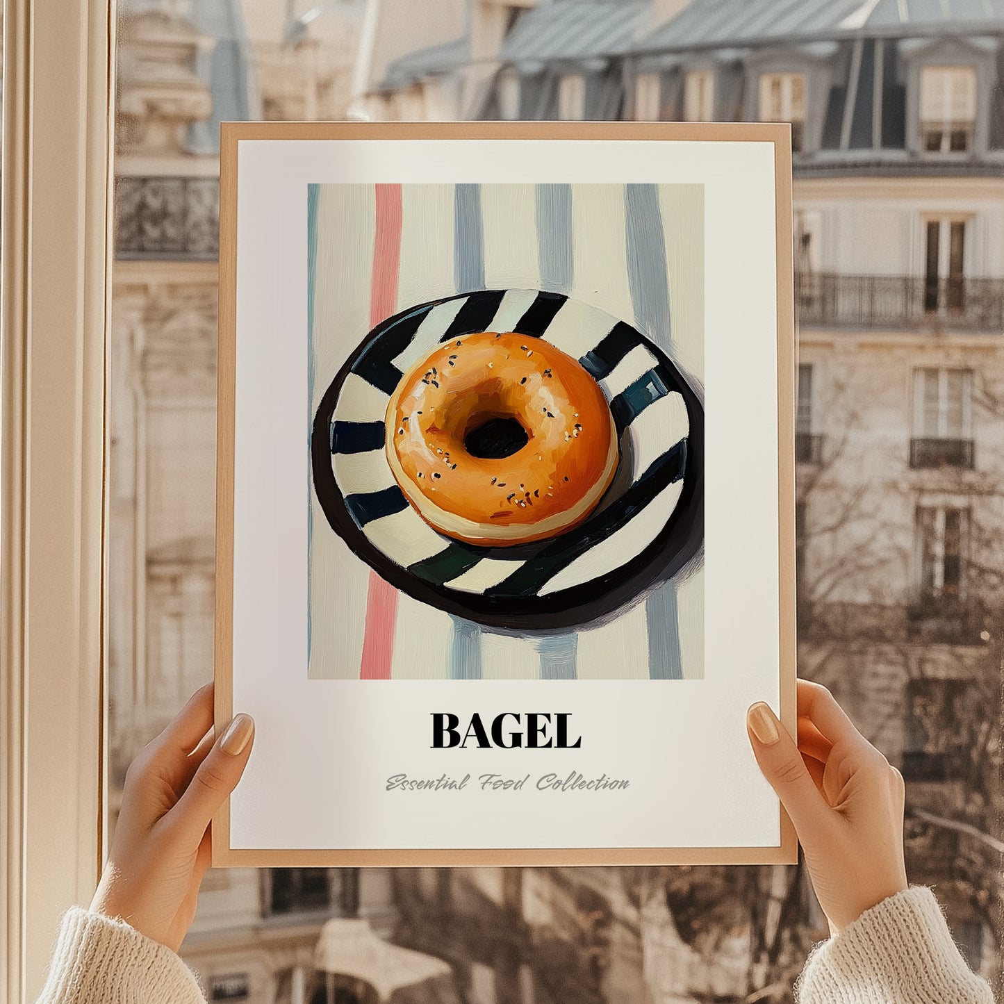 Bagel – on Striped Tablecloth, American Pastry Wall Painting, styled in a charming Paris street view