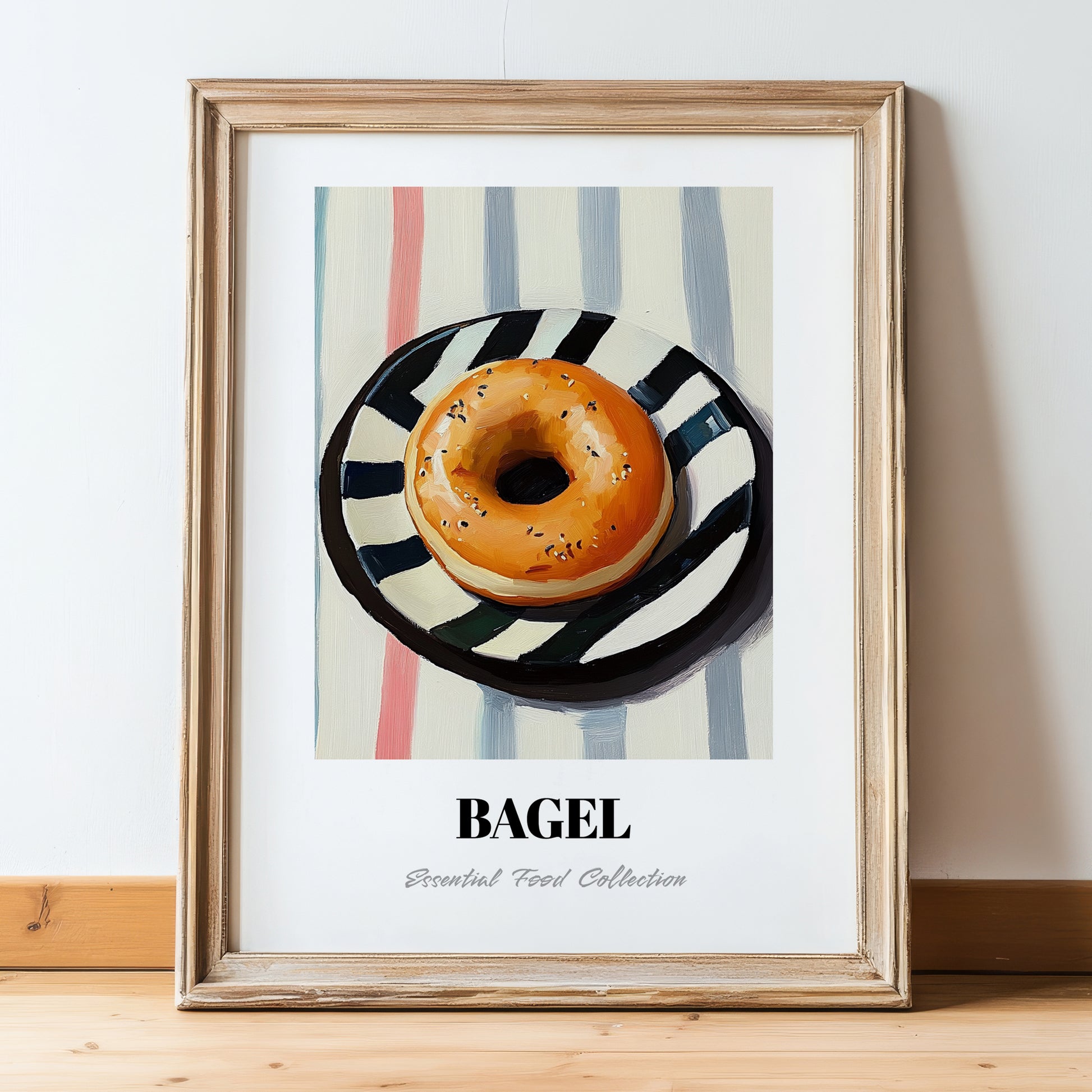 Bagel – on Striped Tablecloth, American Pastry Wall Painting, in wooden frame leaning on the floor