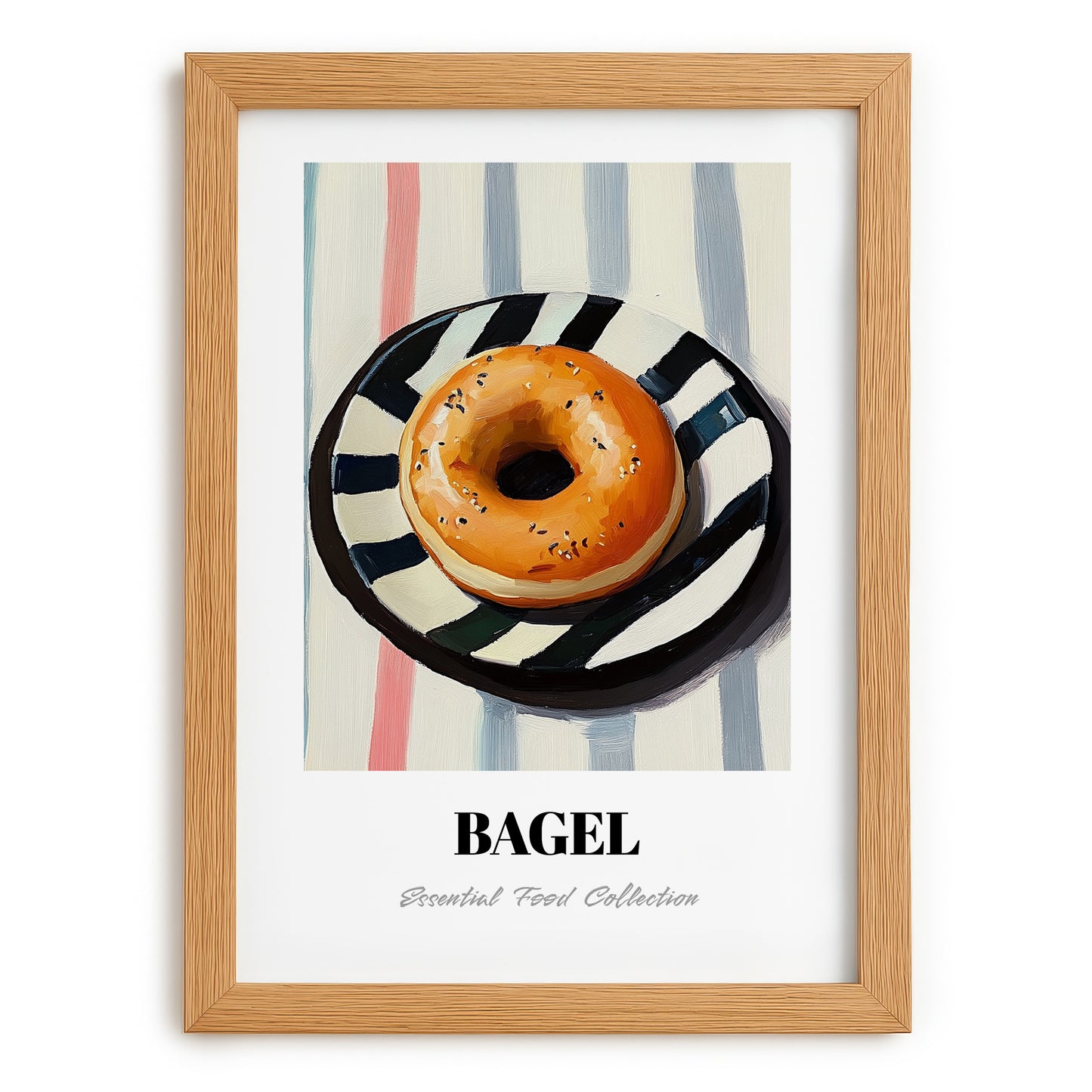 Bagel – on Striped Tablecloth, American Pastry Wall Painting, set in oak frame