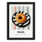 Bagel – on Striped Tablecloth, American Pastry Wall Painting, in sleek black frame