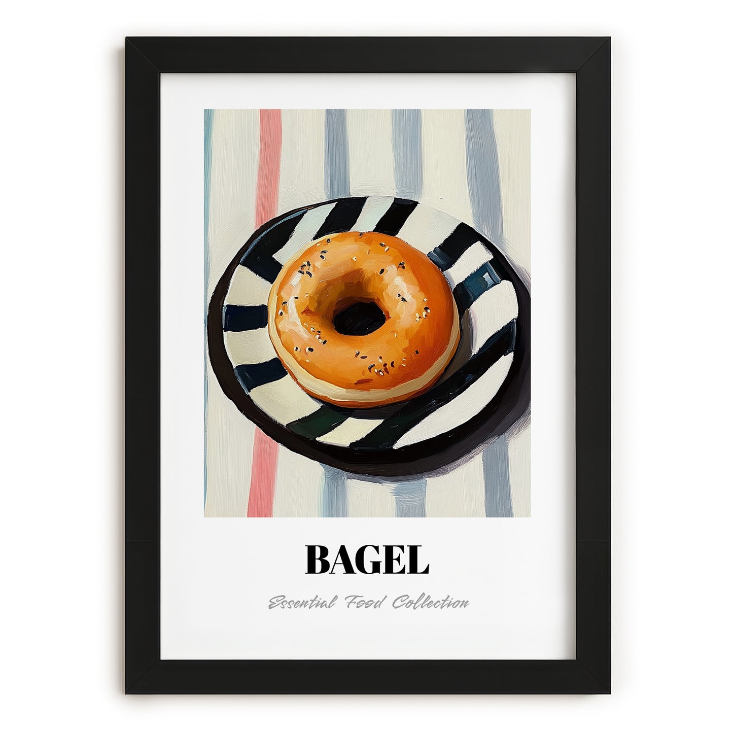 Bagel – on Striped Tablecloth, American Pastry Wall Painting, in sleek black frame