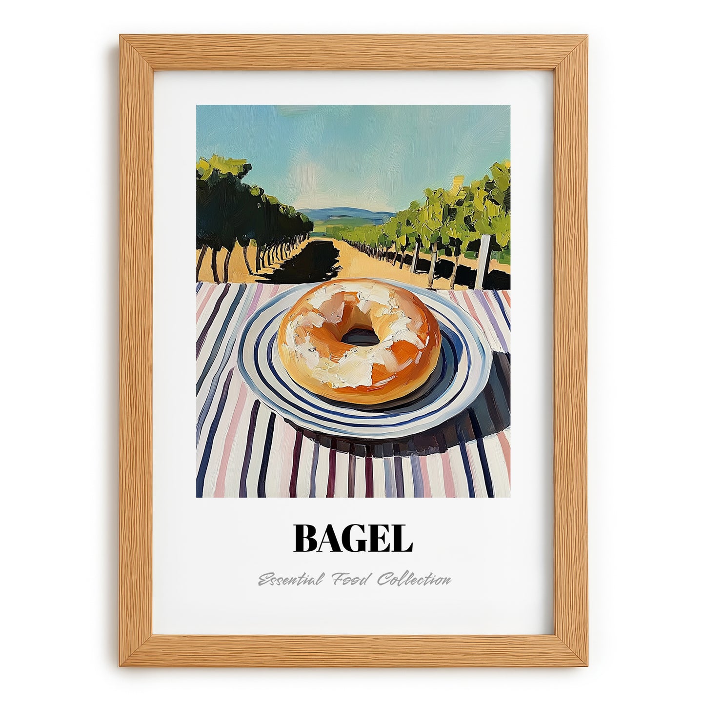 Bagel – Hilltop Table Scene, American Pastry Wall Print, set in oak frame