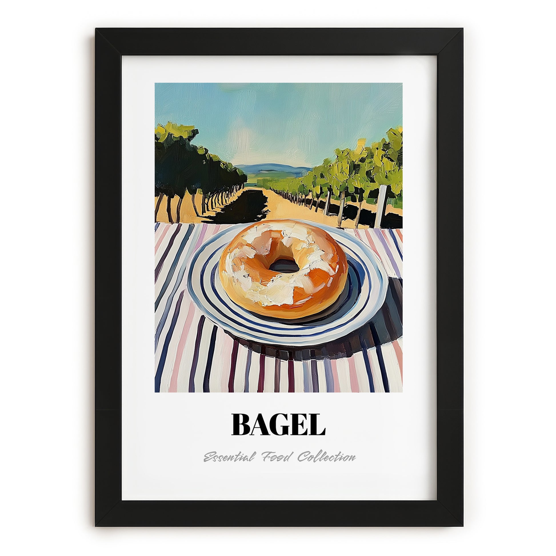 Bagel – Hilltop Table Scene, American Pastry Wall Print, in sleek black frame