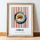 Cereal – on Striped Tablecloth, American Food Still Life, in wooden frame leaning on the floor