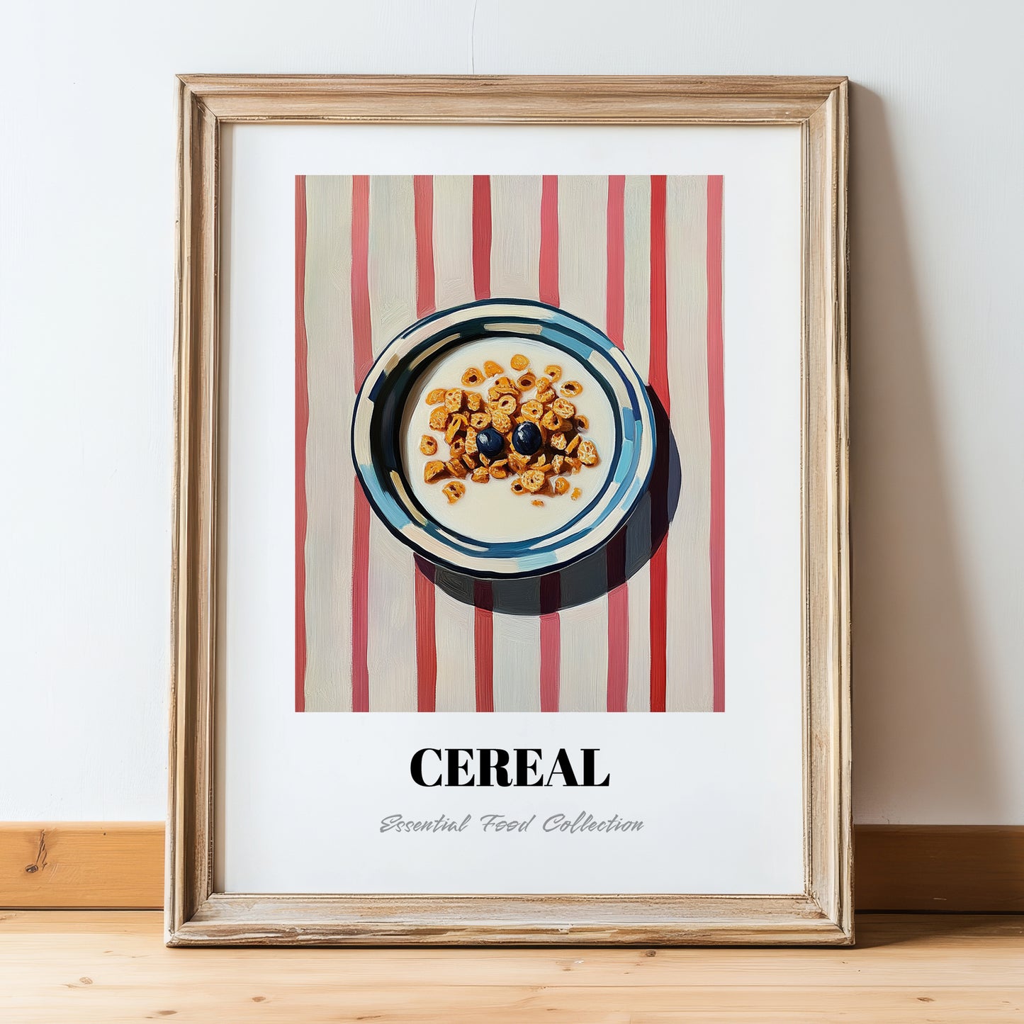 Cereal – on Striped Tablecloth, American Food Still Life, in wooden frame leaning on the floor