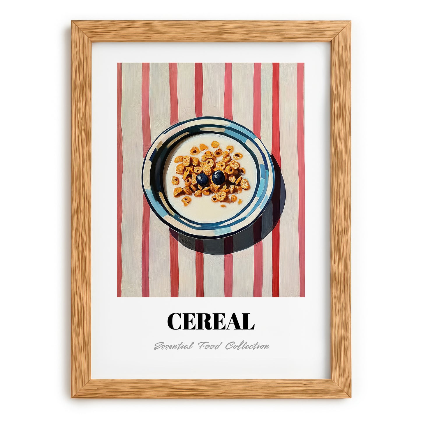 Cereal – on Striped Tablecloth, American Food Still Life, set in oak frame