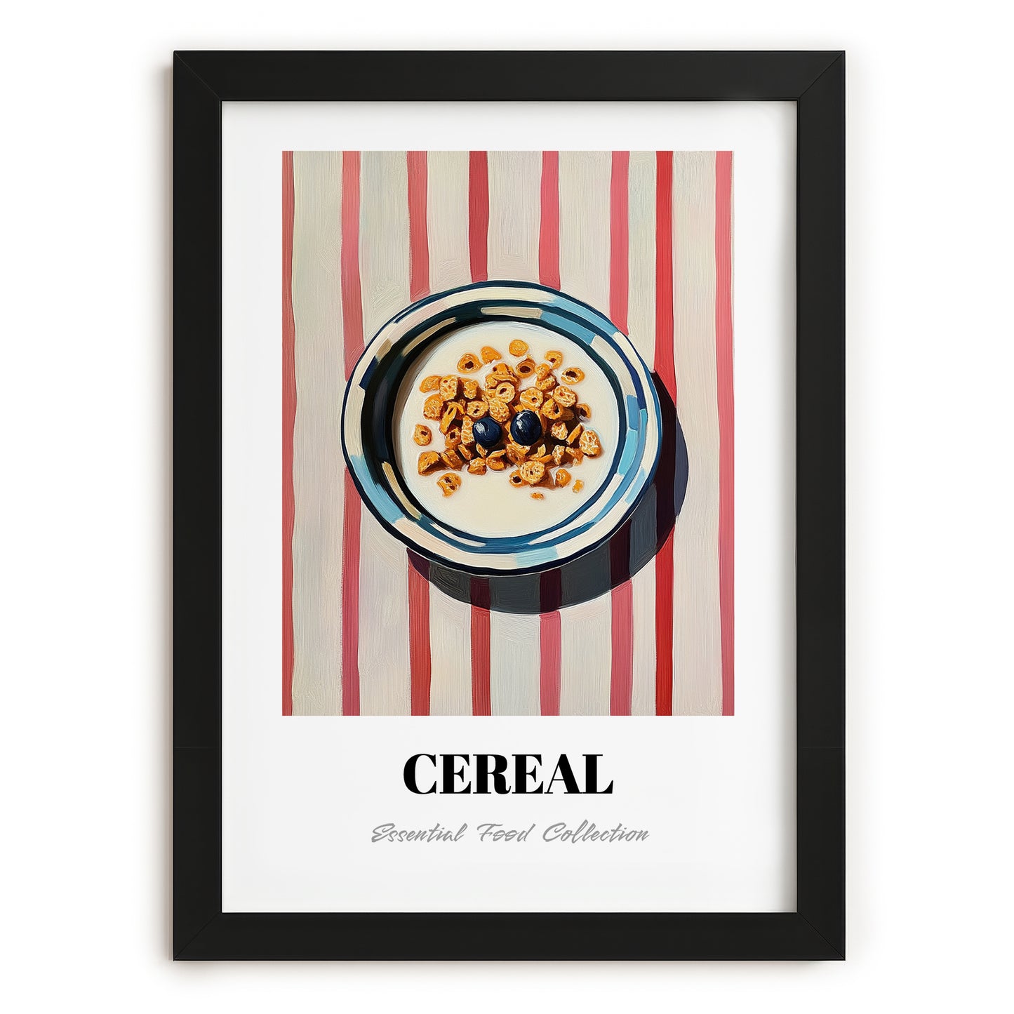 Cereal – on Striped Tablecloth, American Food Still Life, in sleek black frame