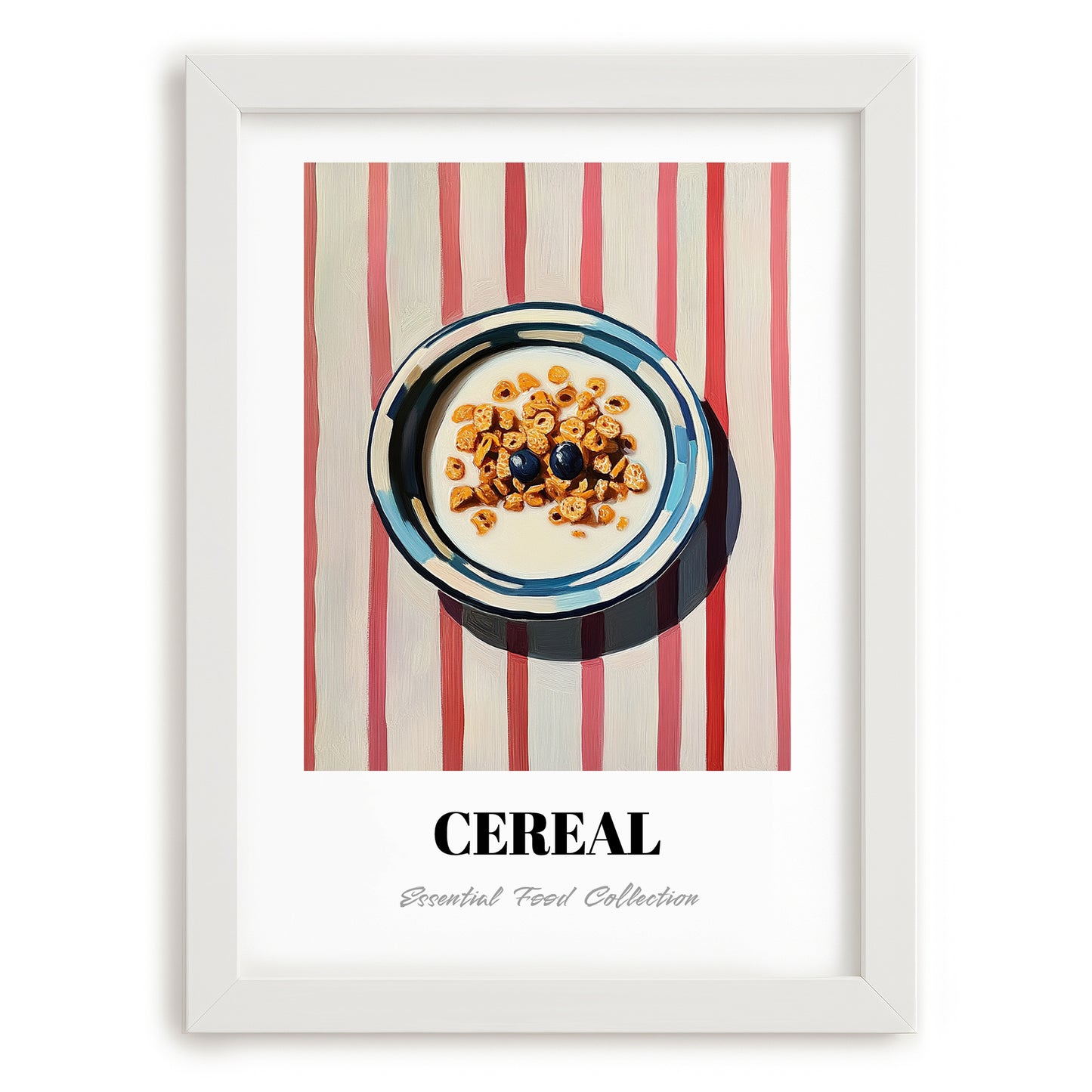 Cereal – on Striped Tablecloth, American Food Still Life, placed in minimal white frame