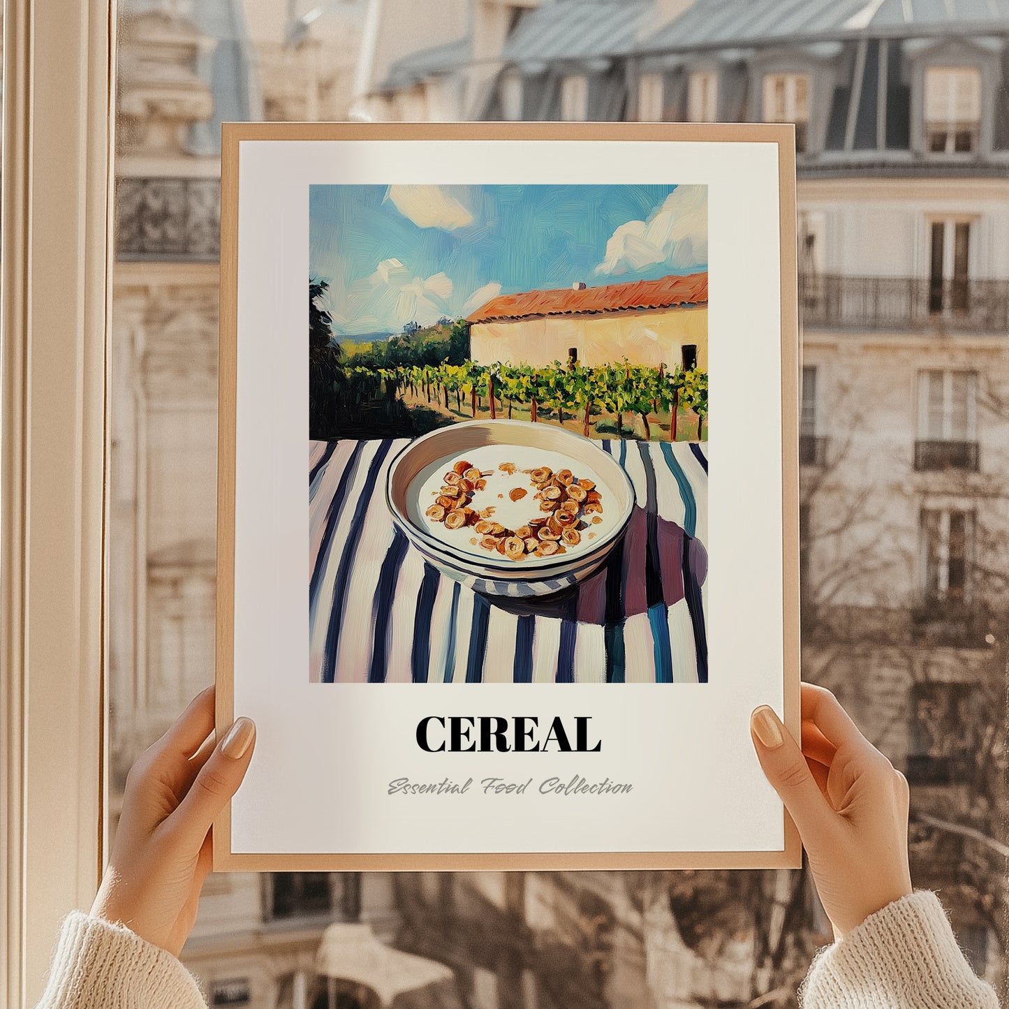 Cereal – Hillside Café View, American Food Wall Decor, styled in a charming Paris street view