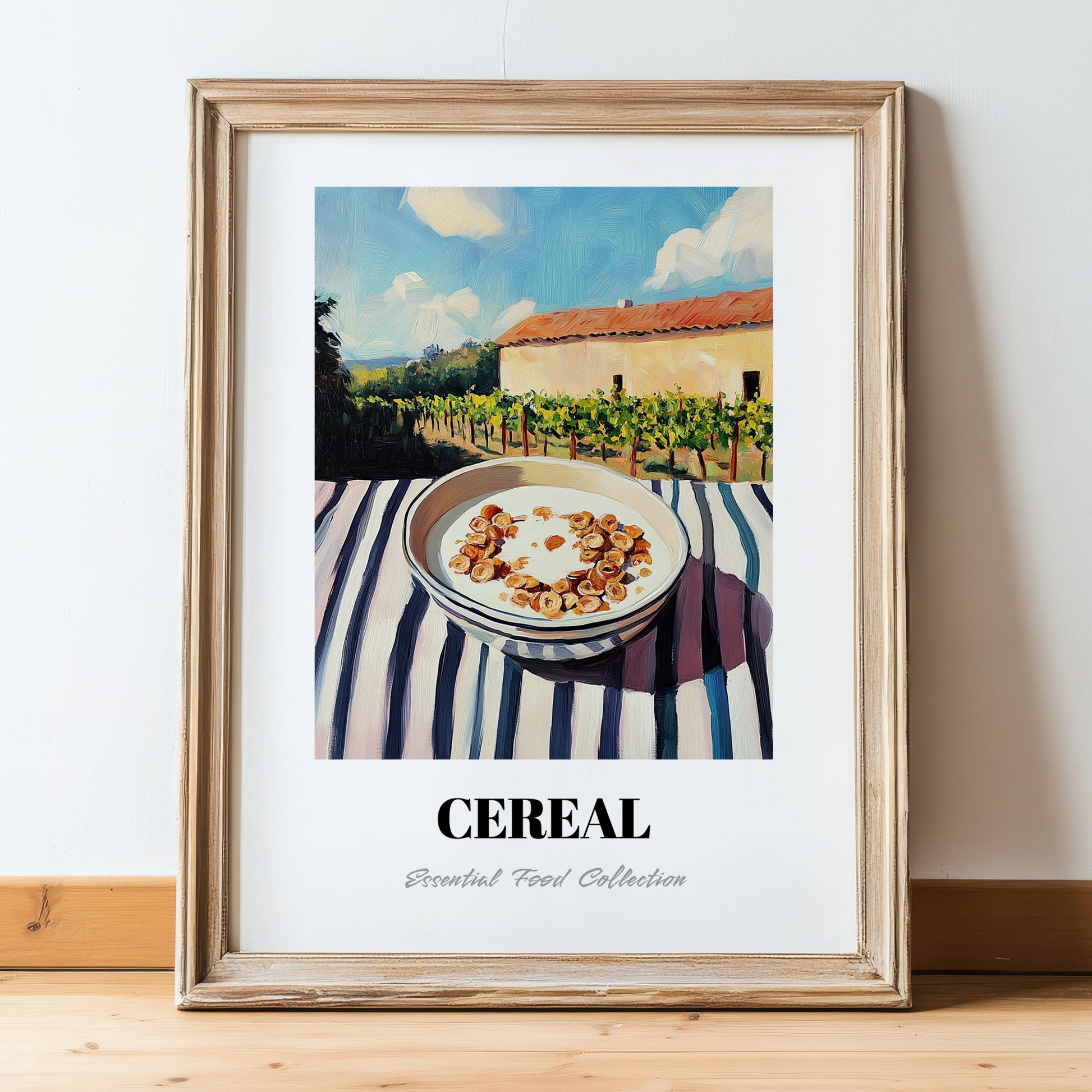 Cereal – Hillside Café View, American Food Wall Decor, in wooden frame leaning on the floor