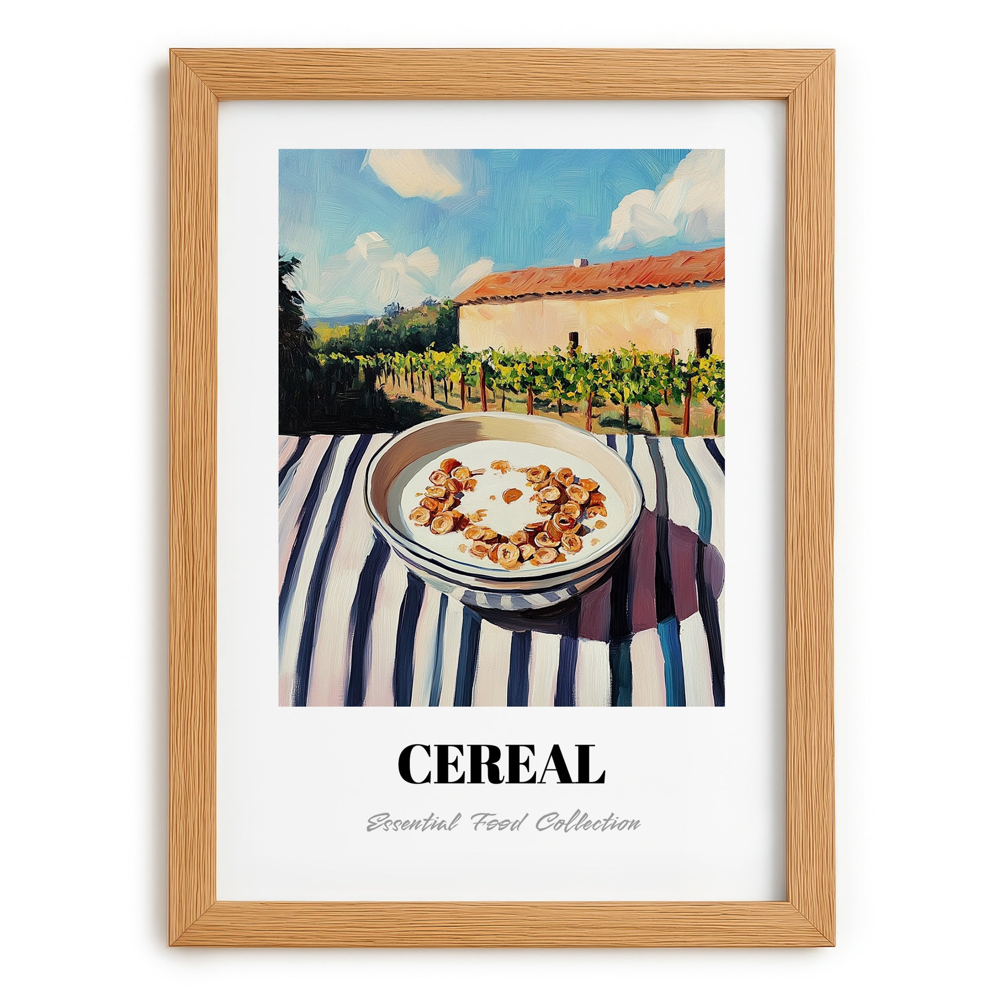 Cereal – Hillside Café View, American Food Wall Decor, set in oak frame