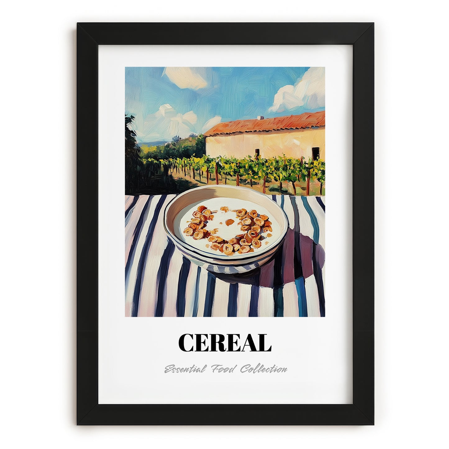 Cereal – Hillside Café View, American Food Wall Decor, in sleek black frame