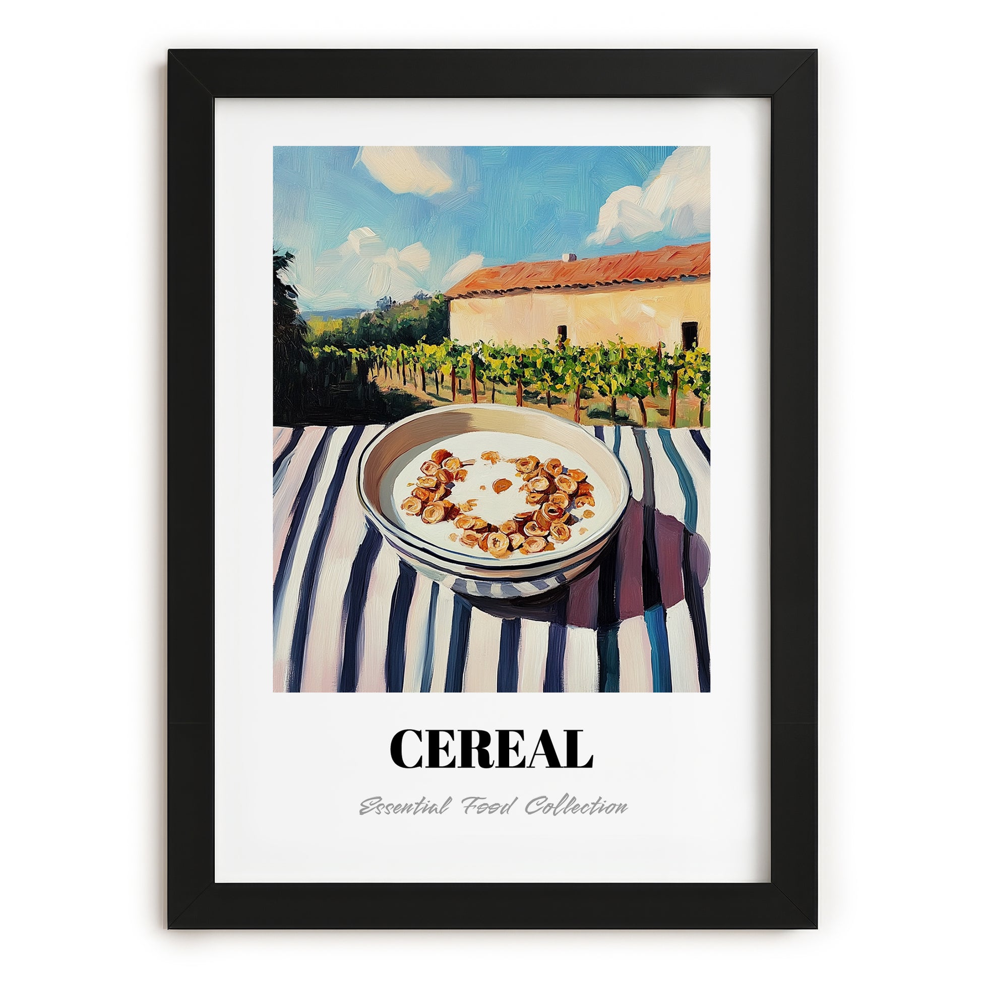 Cereal – Hillside Café View, American Food Wall Decor, in sleek black frame