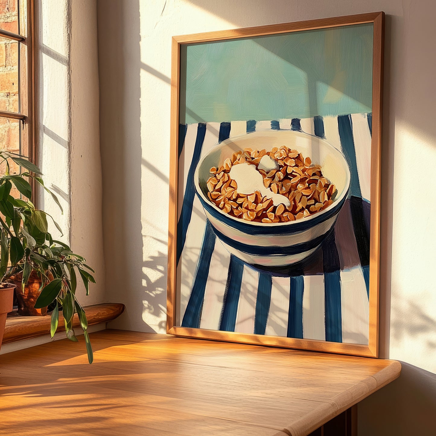 Granola – on Striped Tablecloth, American Food Illustration, clean layout with no caption