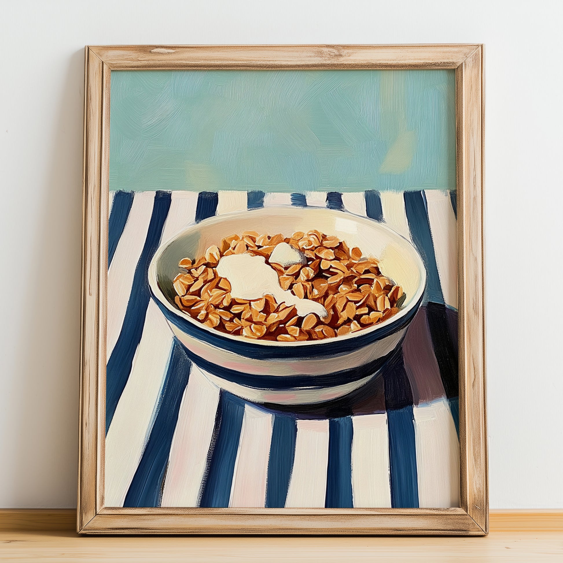 Granola – on Striped Tablecloth, American Food Illustration, no-text version framed in wood