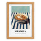 Granola – on Striped Tablecloth, American Food Illustration, set in oak frame