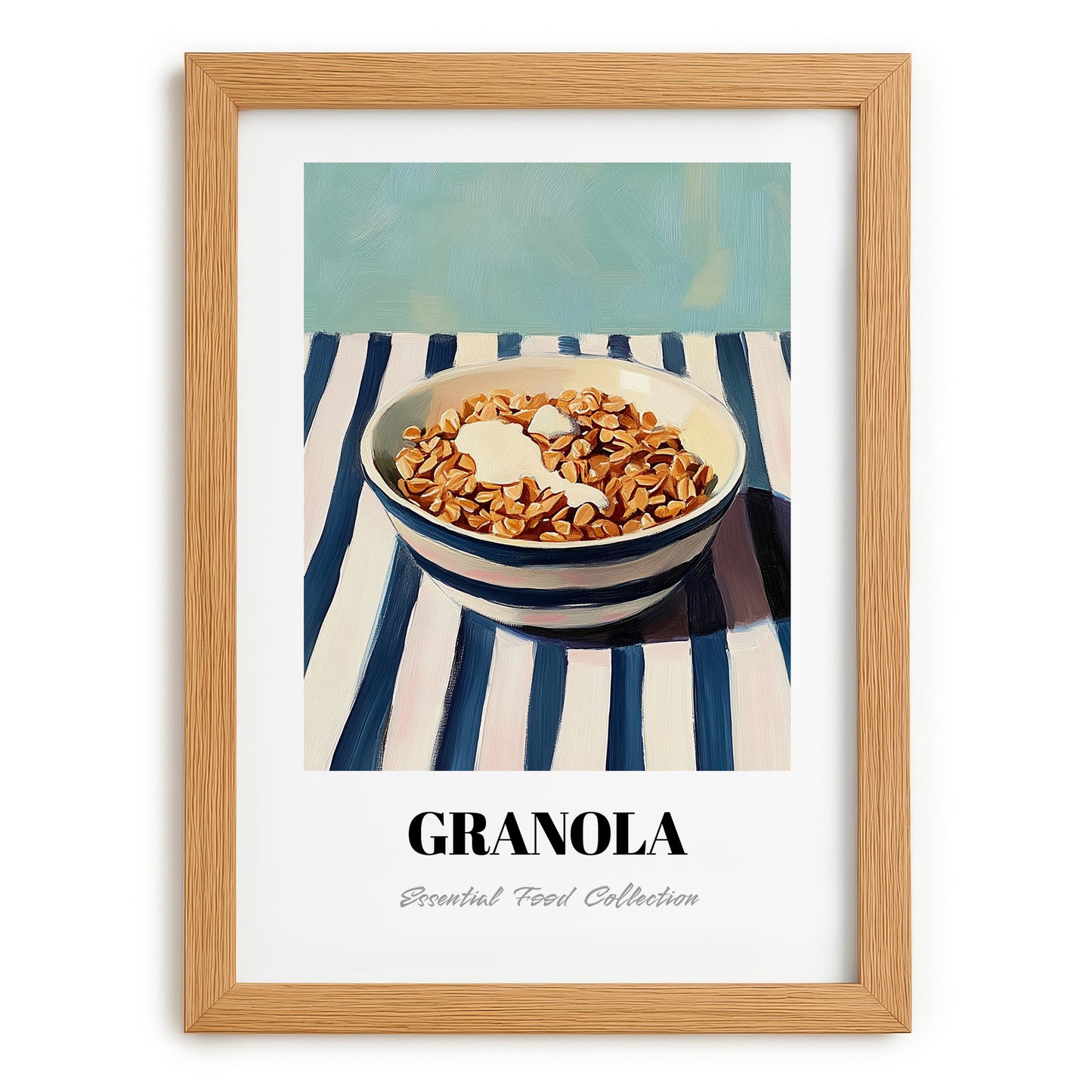 Granola – on Striped Tablecloth, American Food Illustration, set in oak frame