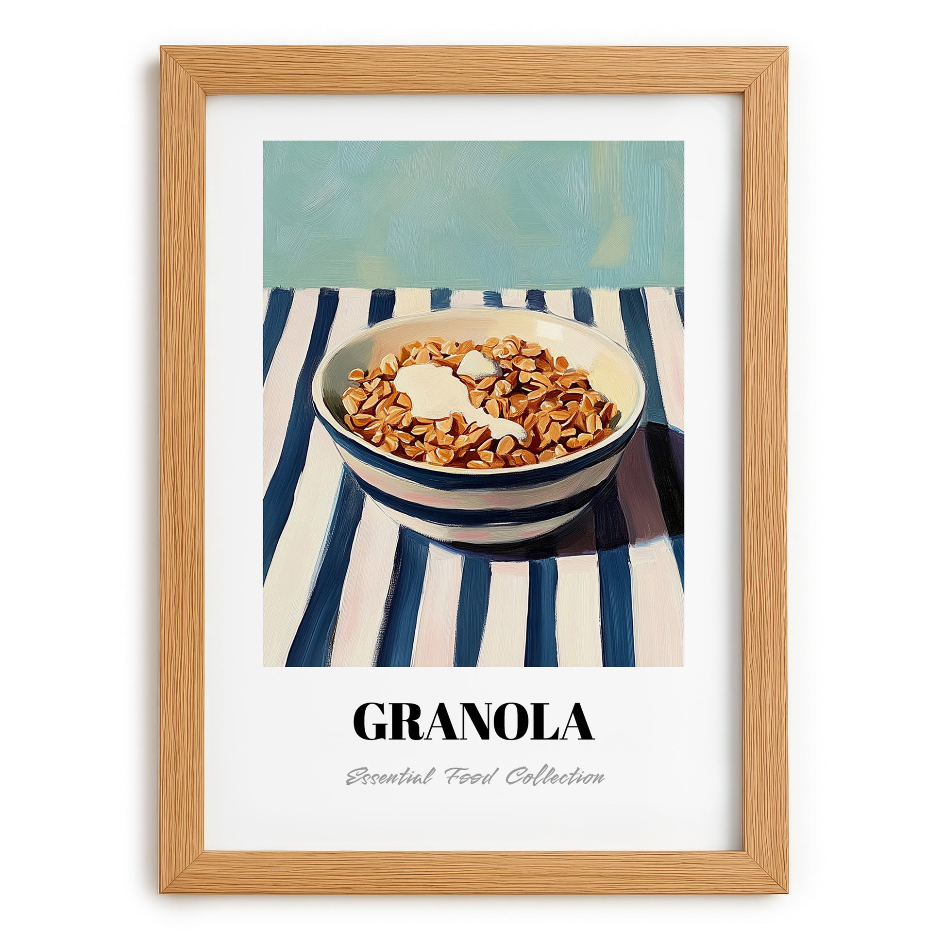 Granola – on Striped Tablecloth, American Food Illustration, set in oak frame