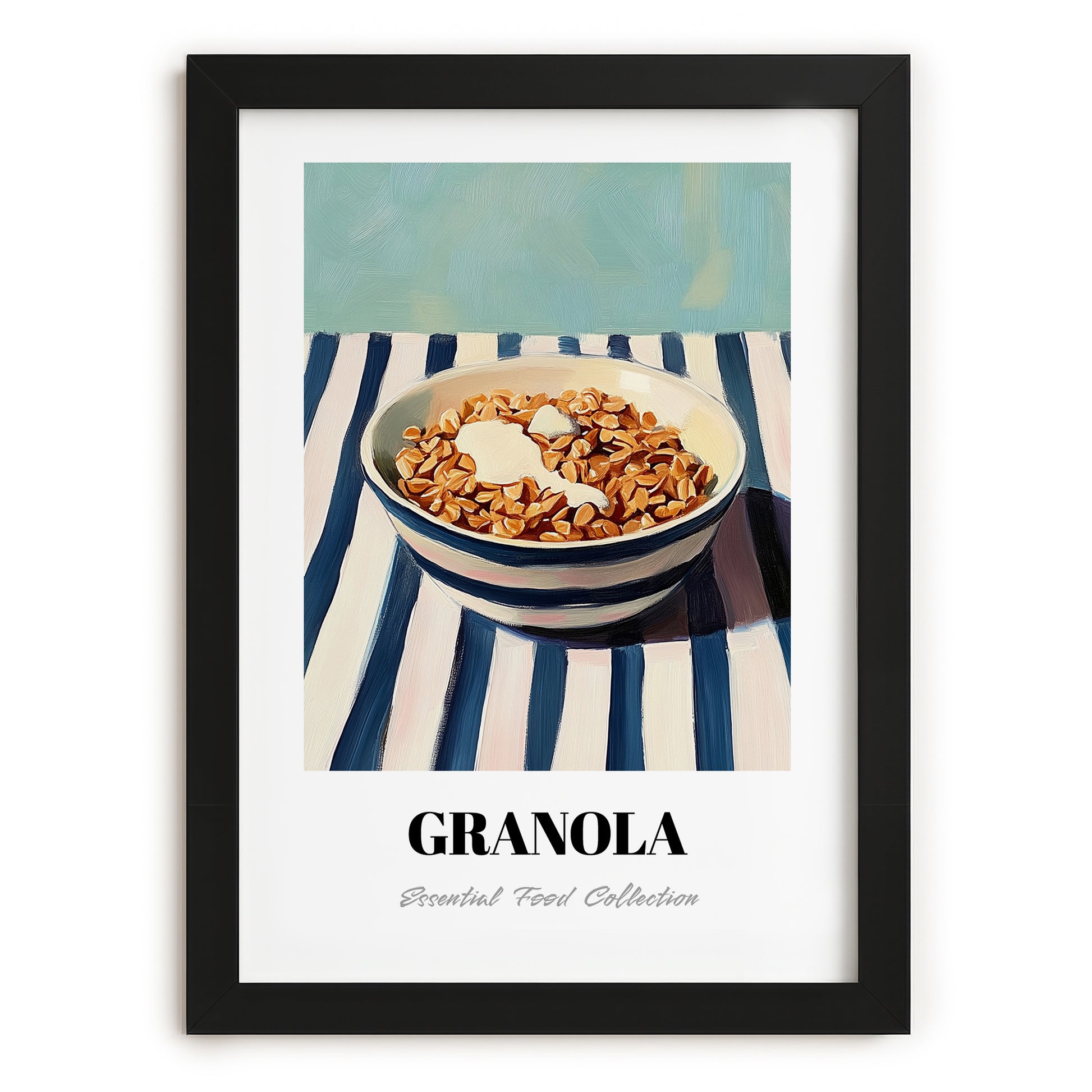 Granola – on Striped Tablecloth, American Food Illustration, in sleek black frame
