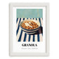 Granola – on Striped Tablecloth, American Food Illustration, placed in minimal white frame